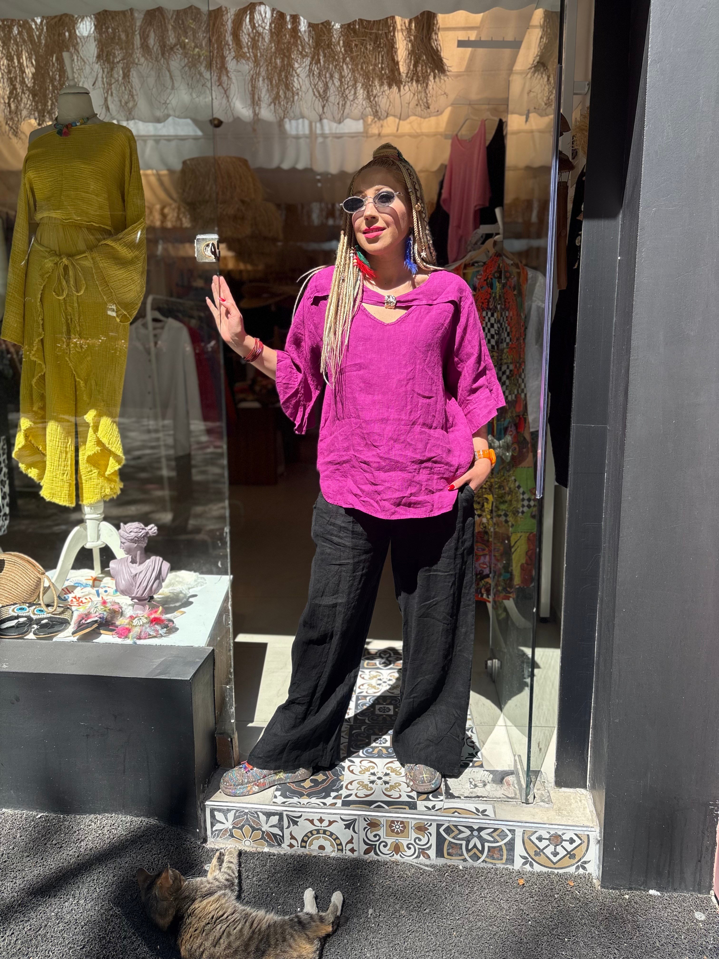 Ham Keten Toka Detaylı İtalyan Eflatun Bluz