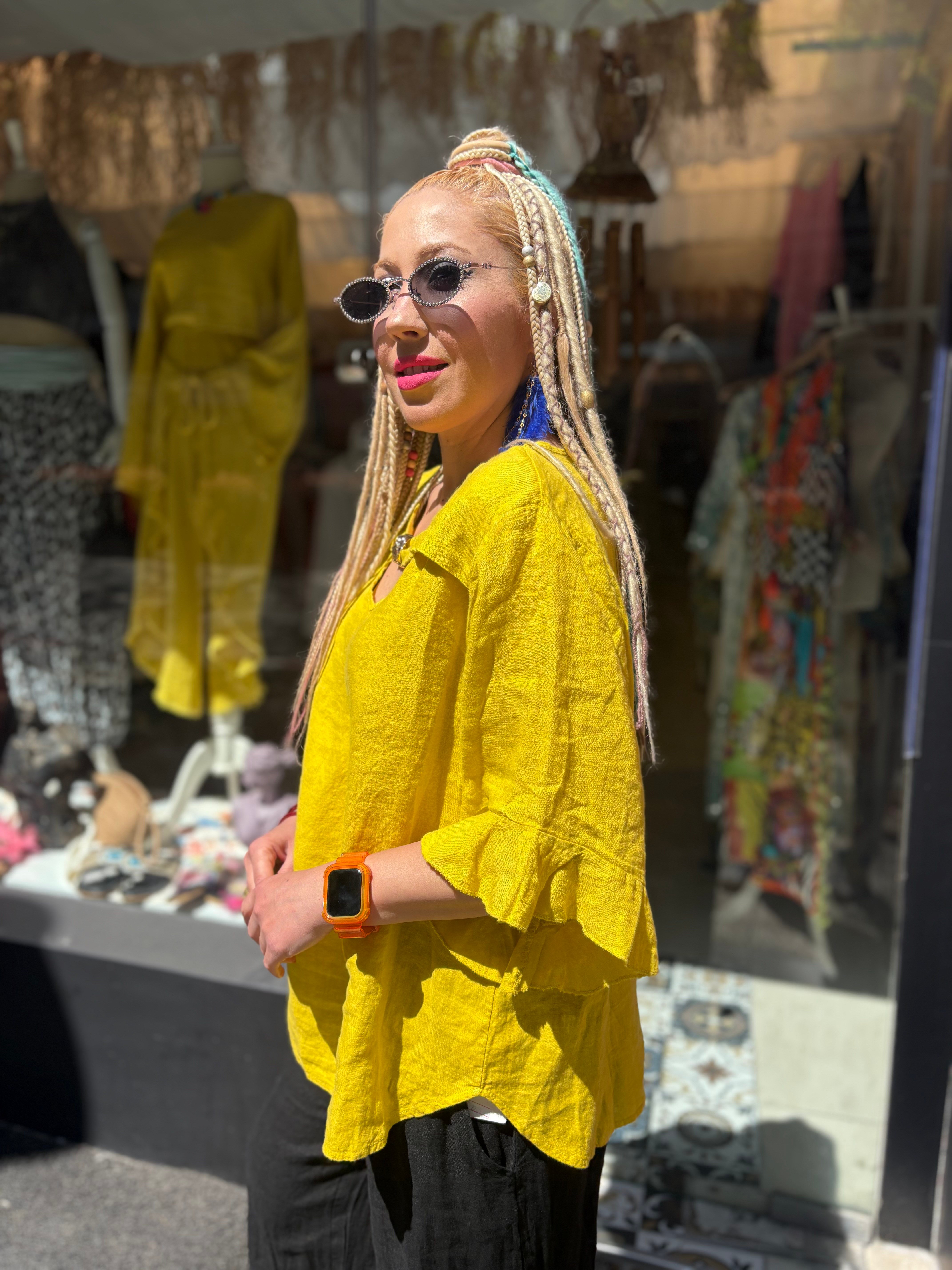 Ham Keten Toka Detaylı İtalyan Sarı Bluz