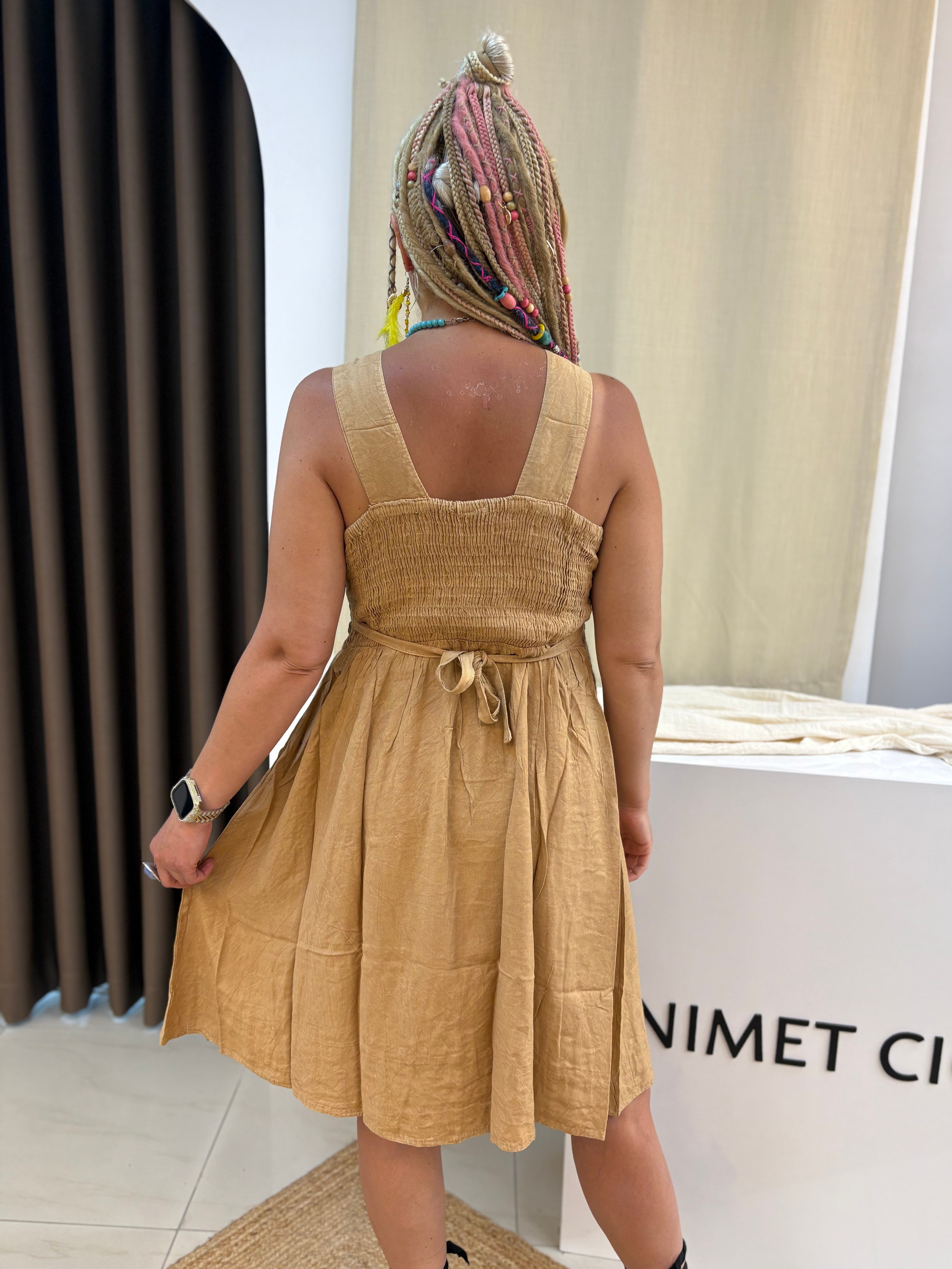 Hint Nepal İşlemeli Krem Elbise