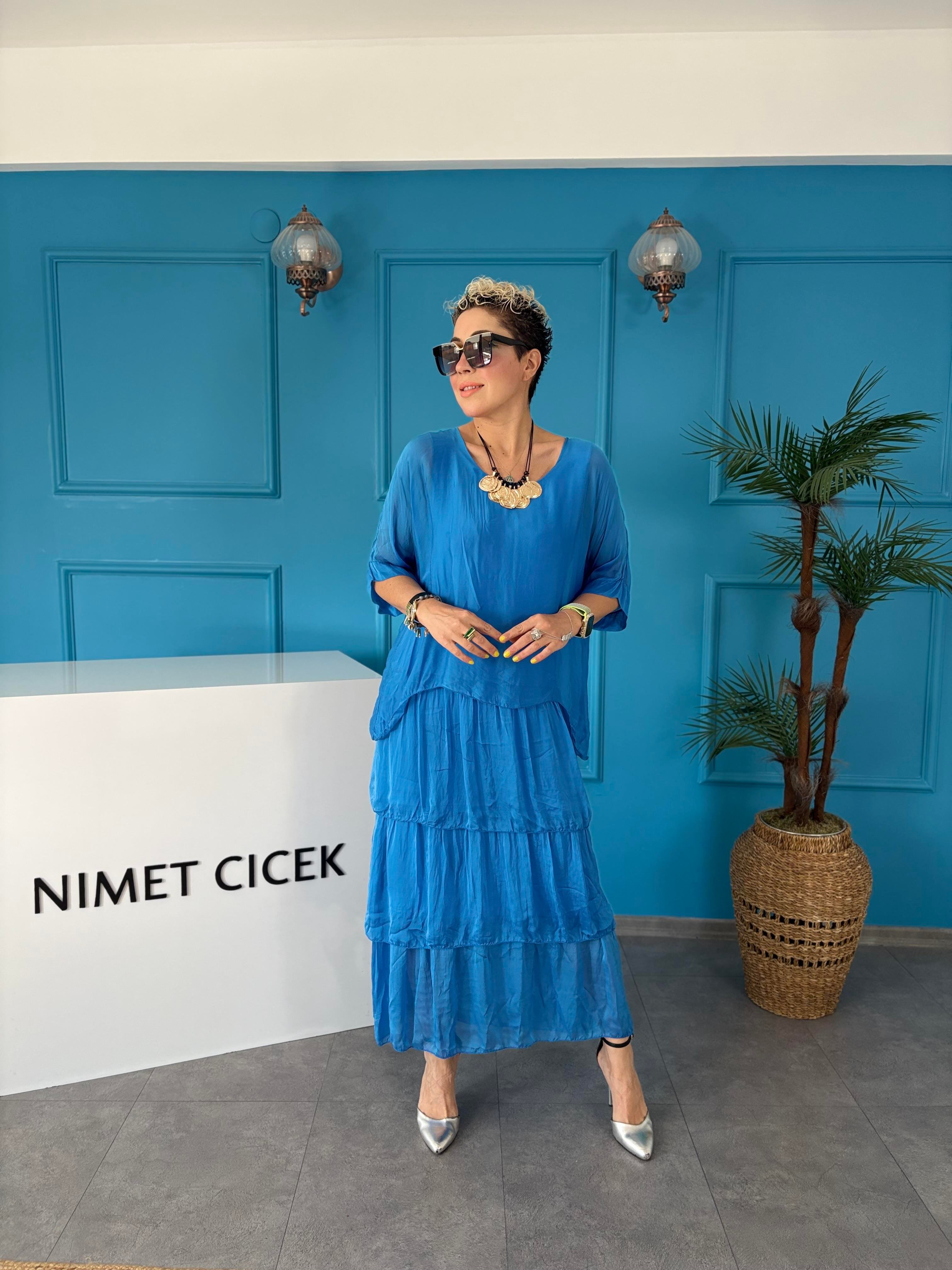 İpek Kat Kat Sax Mavi İtalyan Elbise