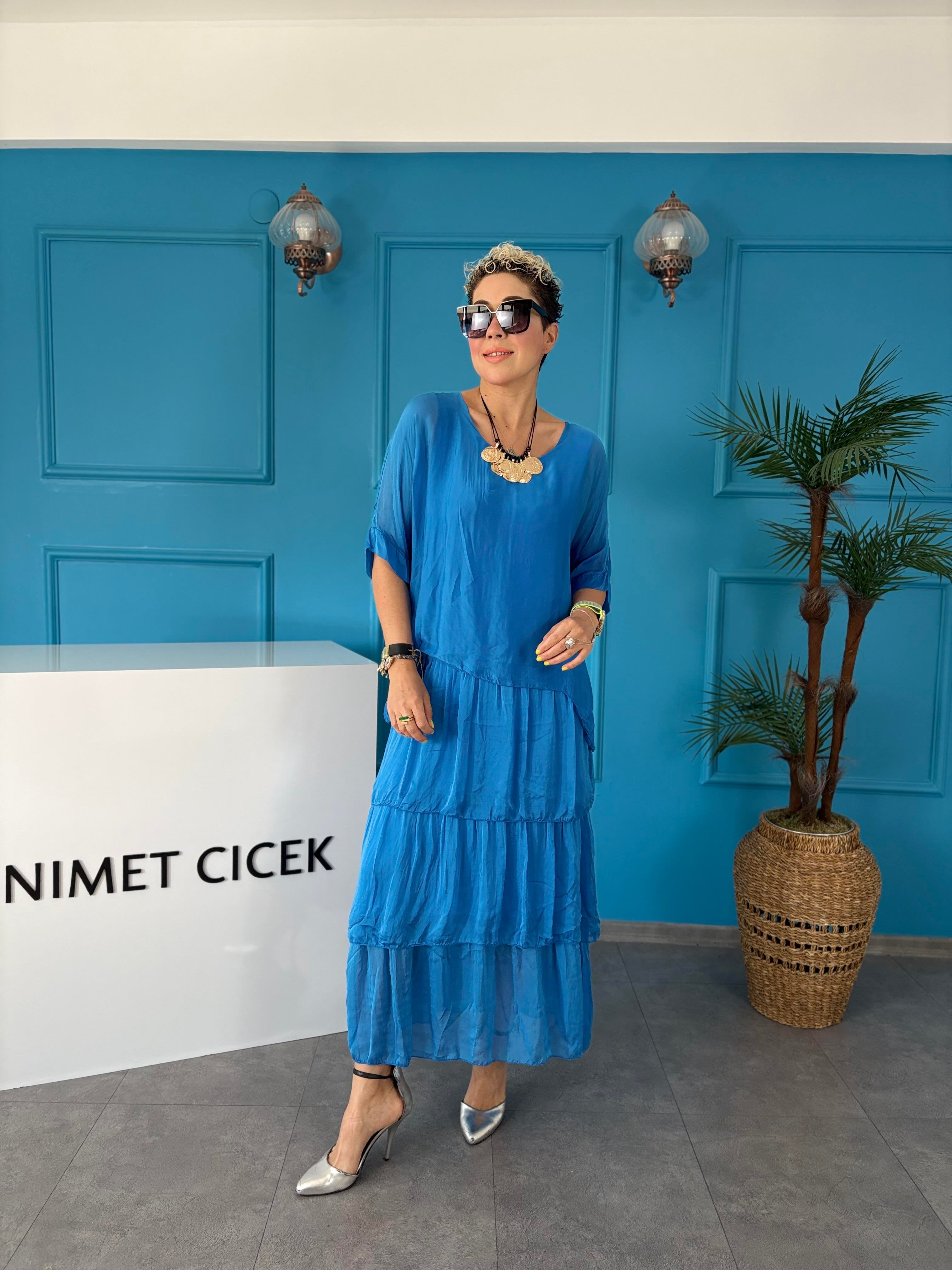 İpek Kat Kat Sax Mavi İtalyan Elbise