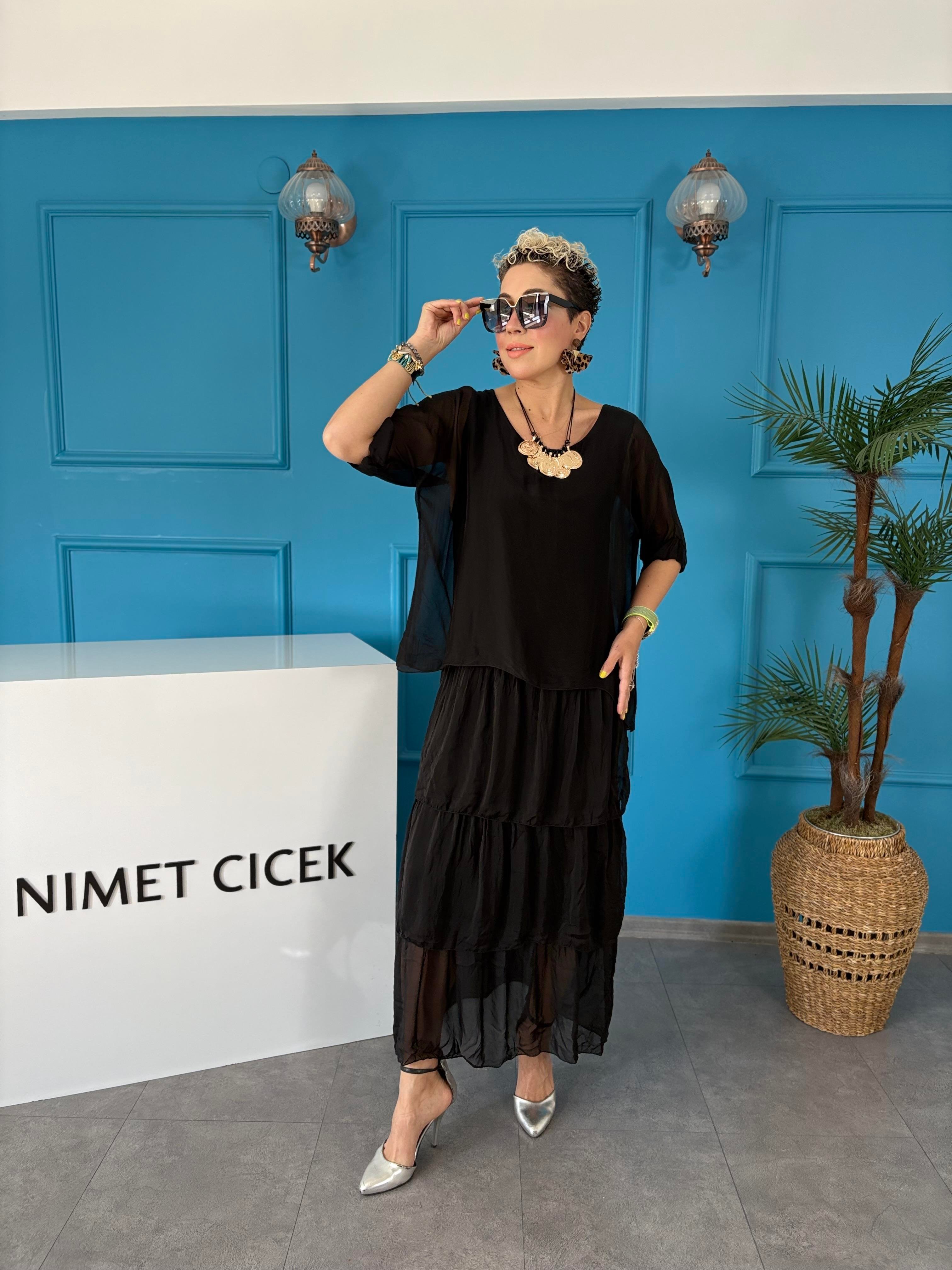 İpek Kat Kat Siyah İtalyan Elbise