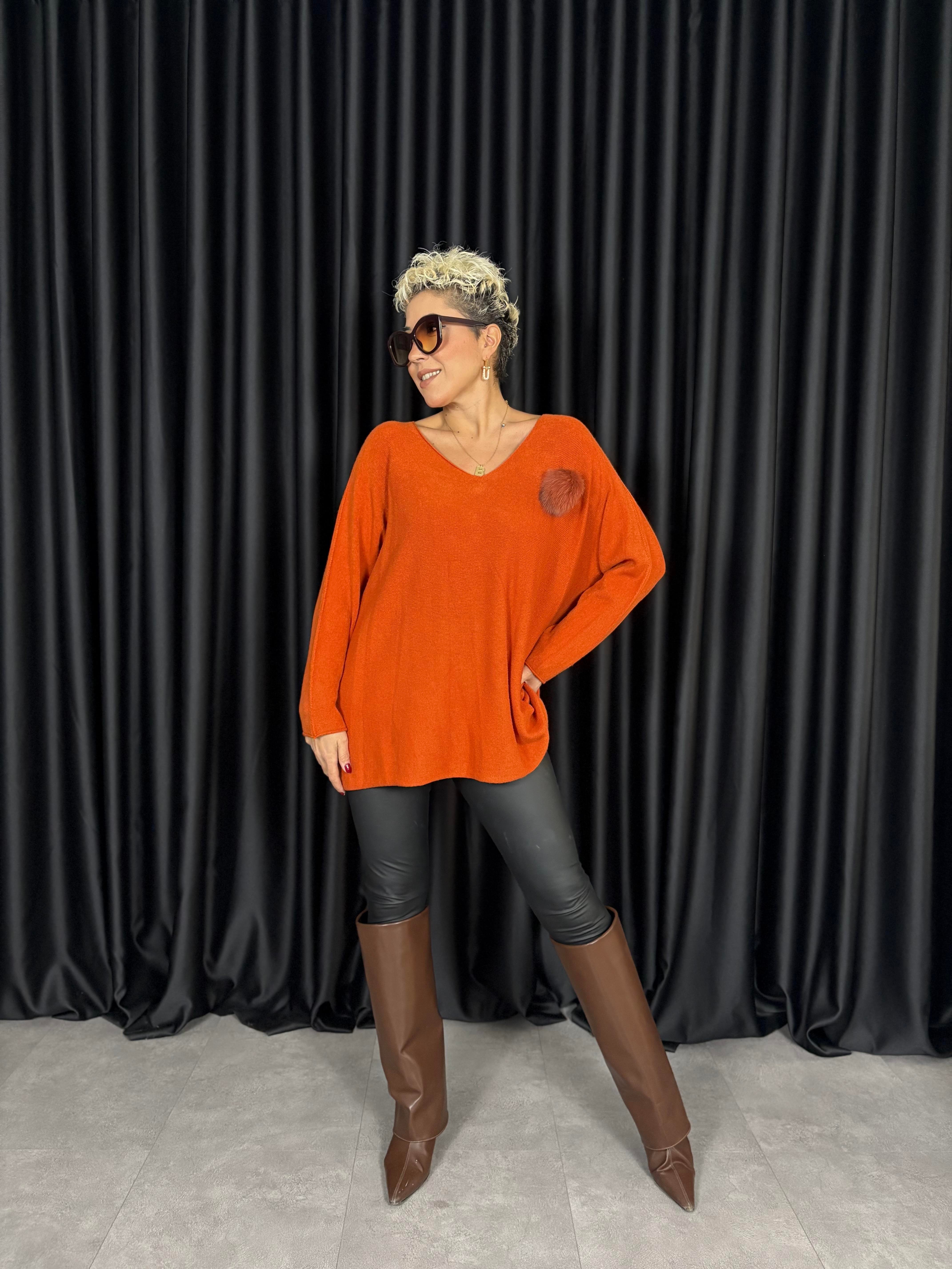 İtalyan Angora Broşlu Kiremit Triko