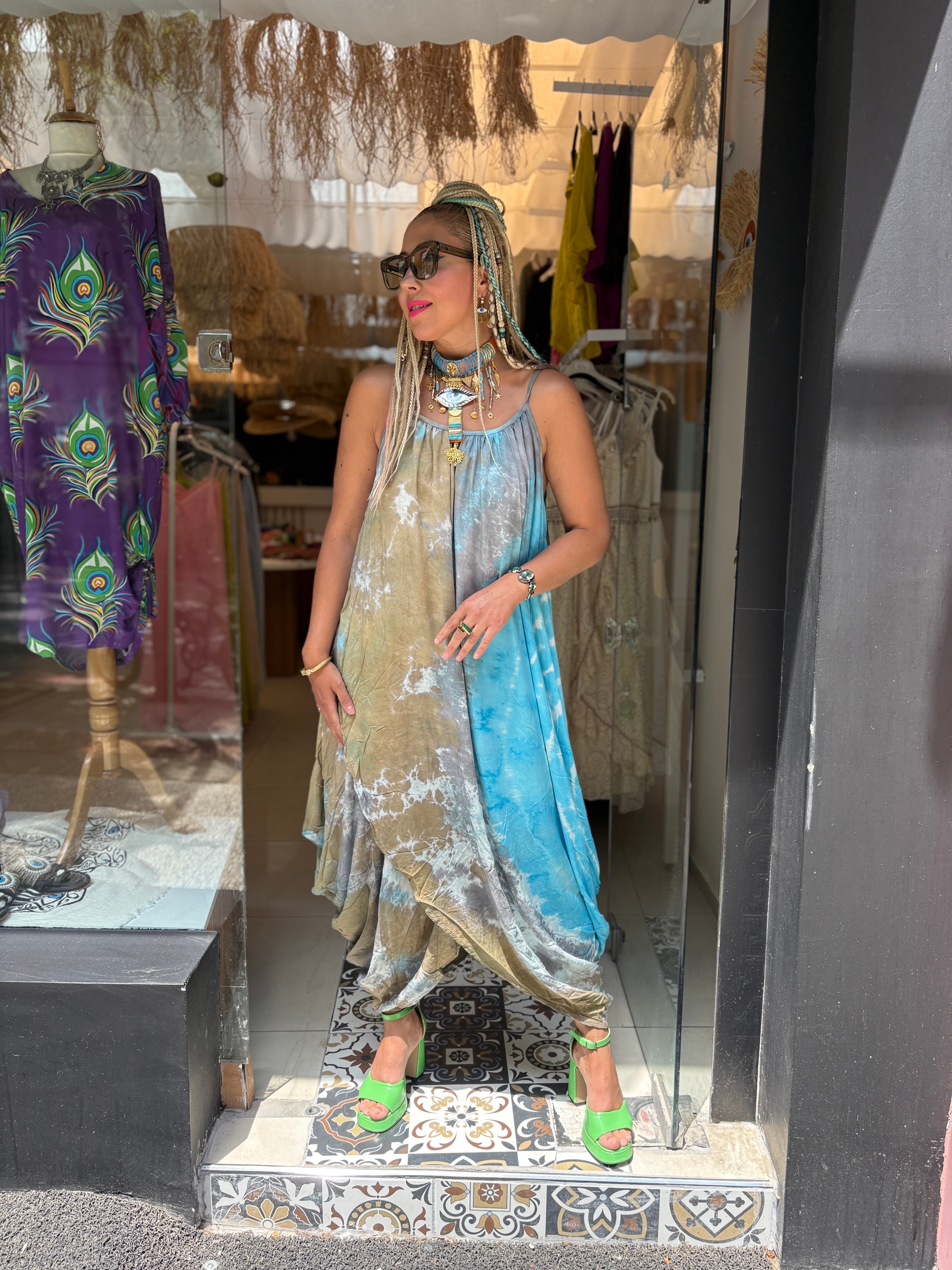İtalyan Batik Desenli Askılı Turkuaz Şalvar Elbise