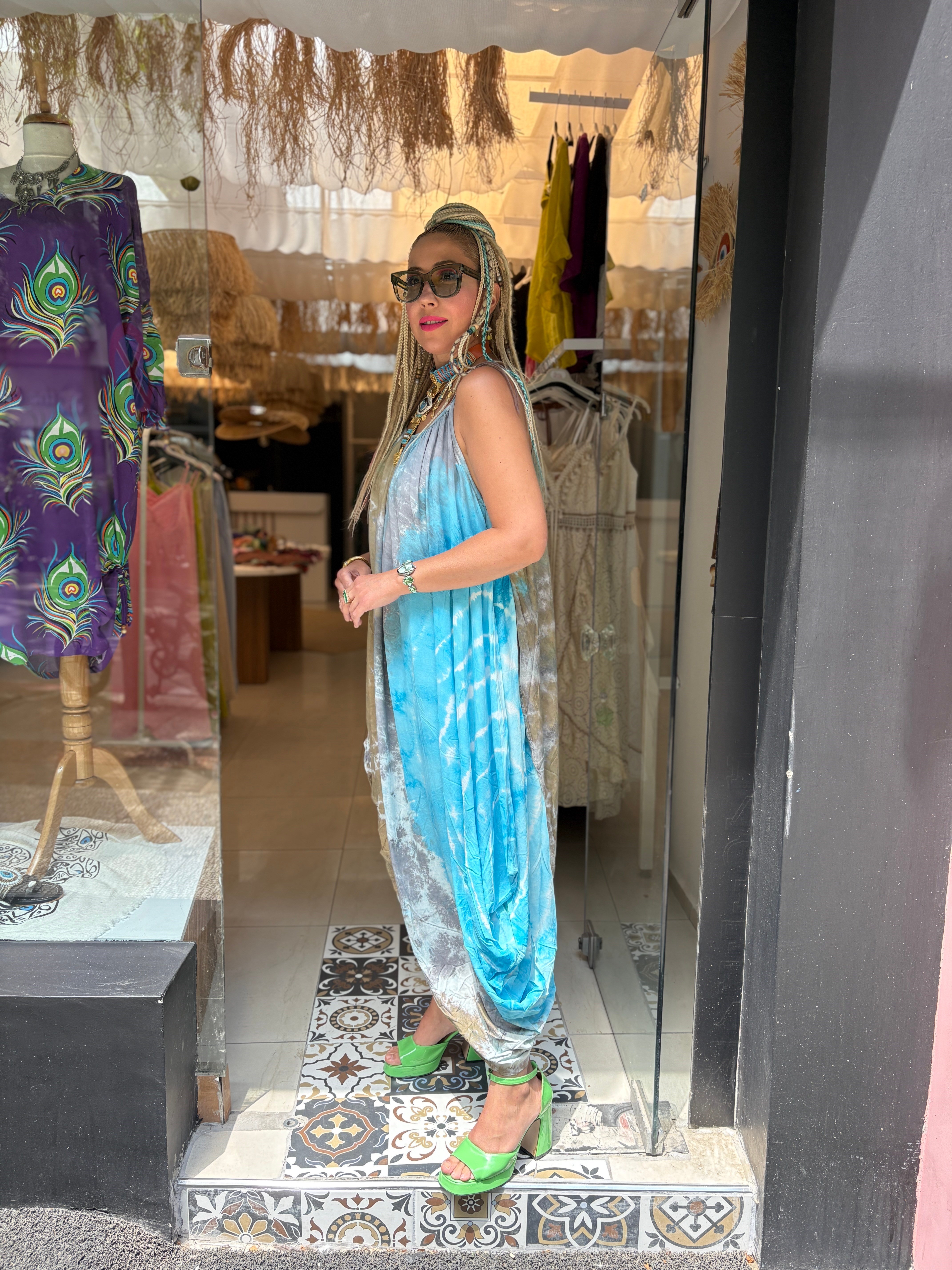 İtalyan Batik Desenli Askılı Turkuaz Şalvar Elbise