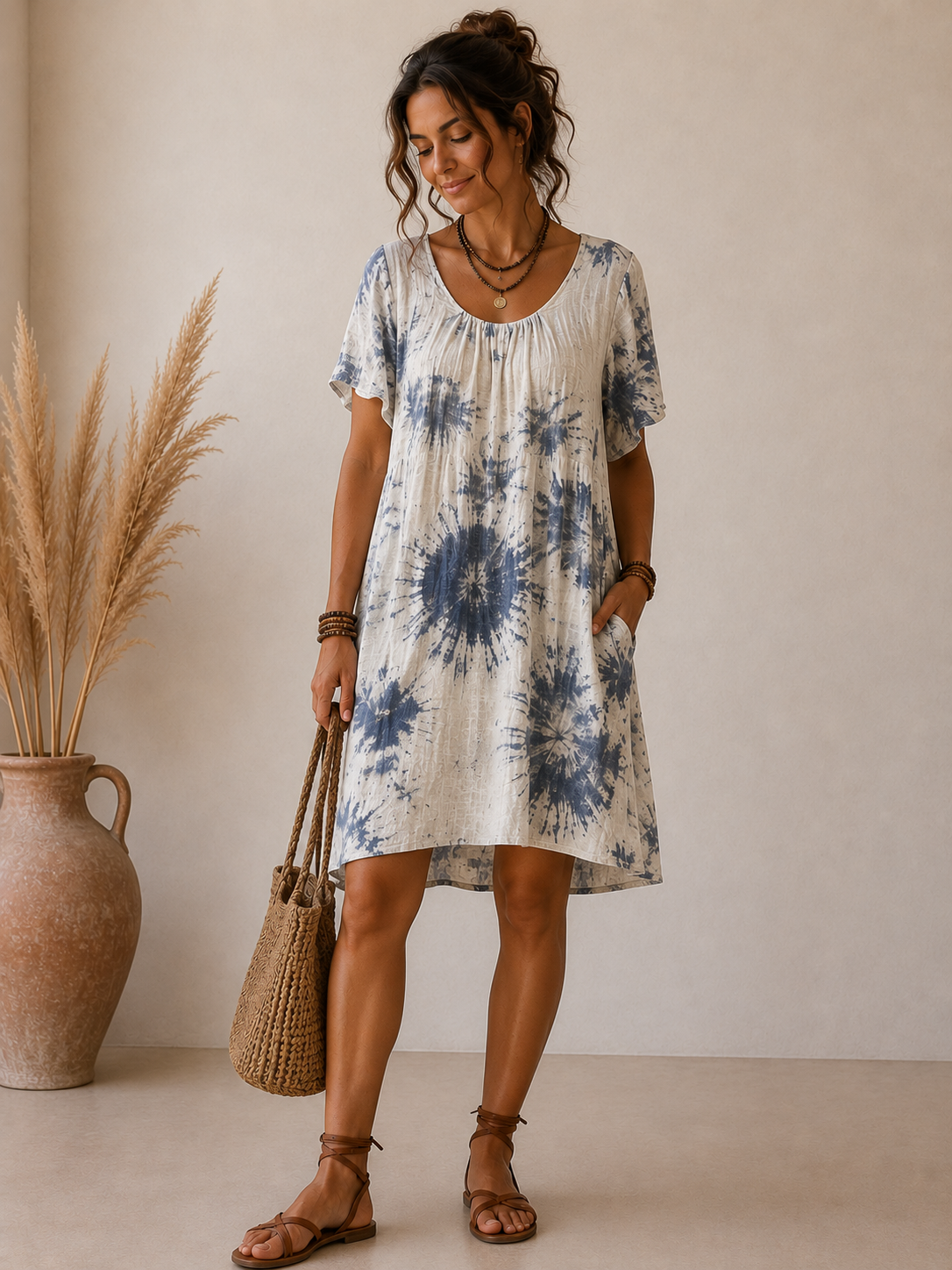 İtalyan Batik Desenli Pamuklu Krem Elbise