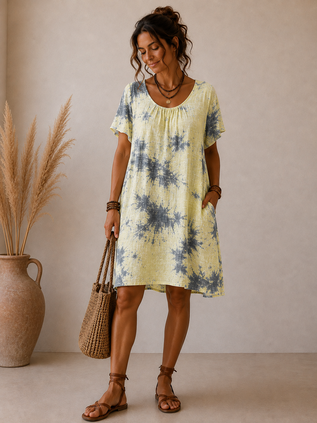 İtalyan Batik Desenli Pamuklu Limon Sarısı Elbise