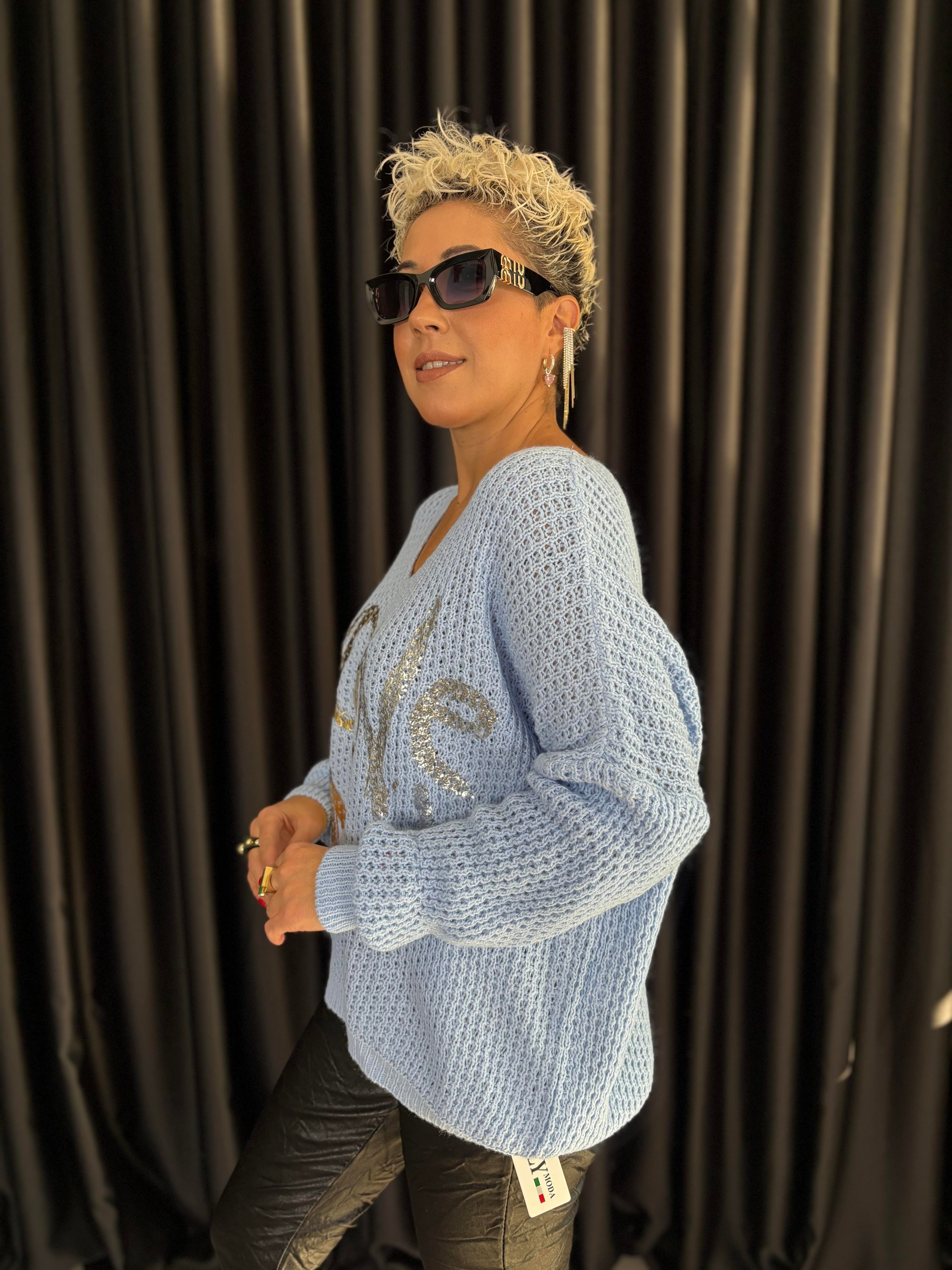 İtalyan Bebe Mavisi Örme Varaklı Bluz