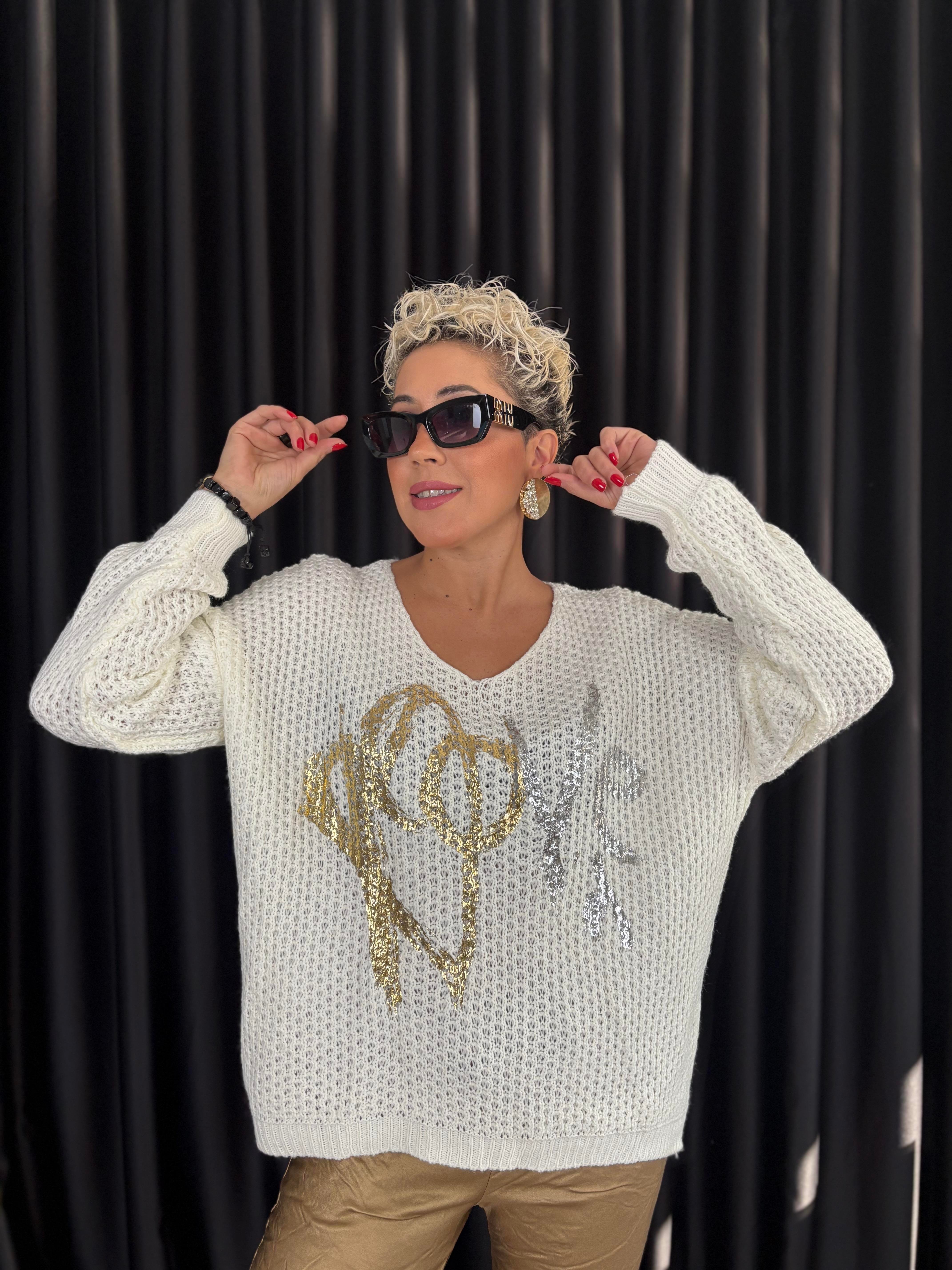 İtalyan Beyaz Örme Varaklı Bluz