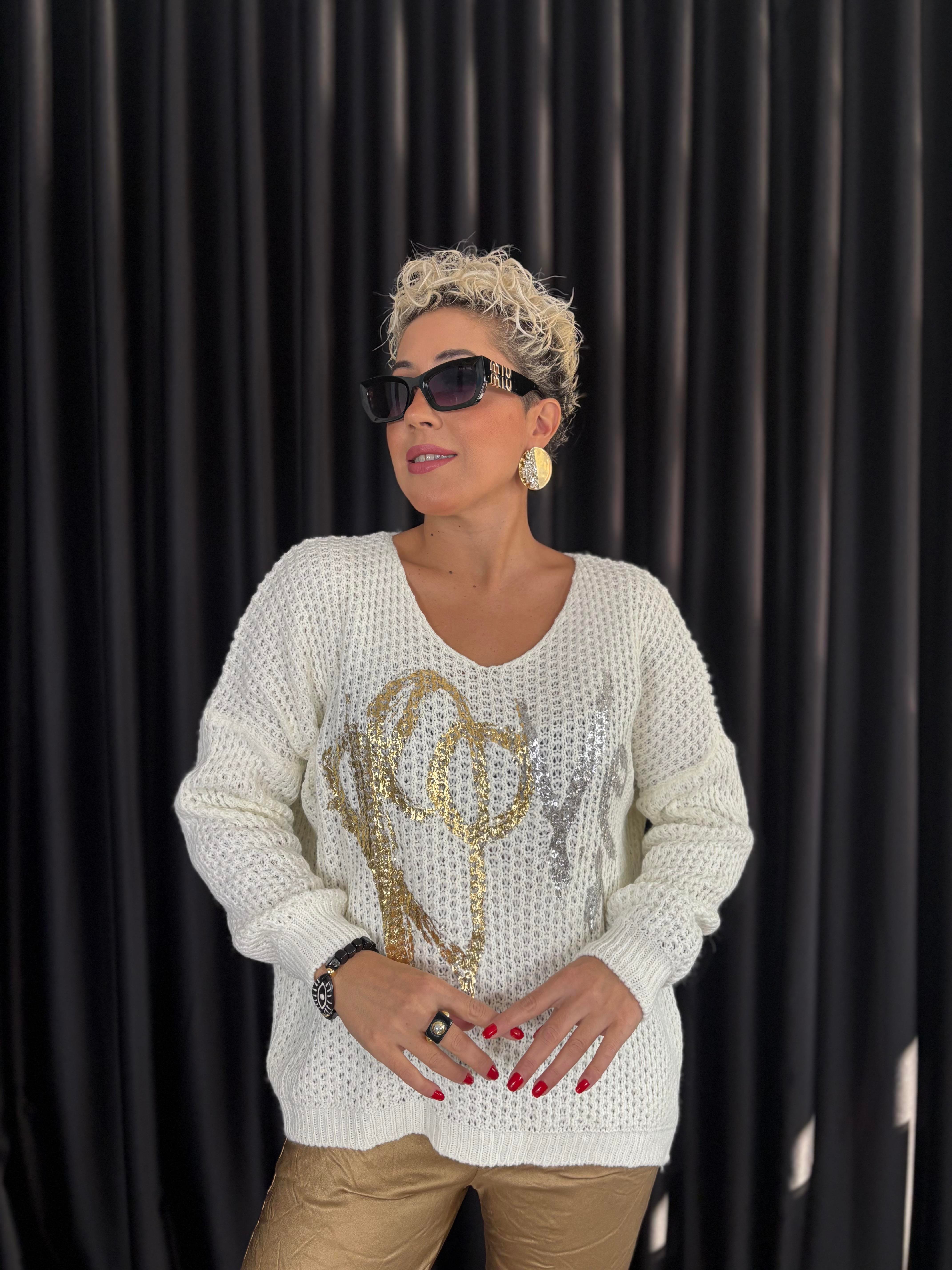 İtalyan Beyaz Örme Varaklı Bluz