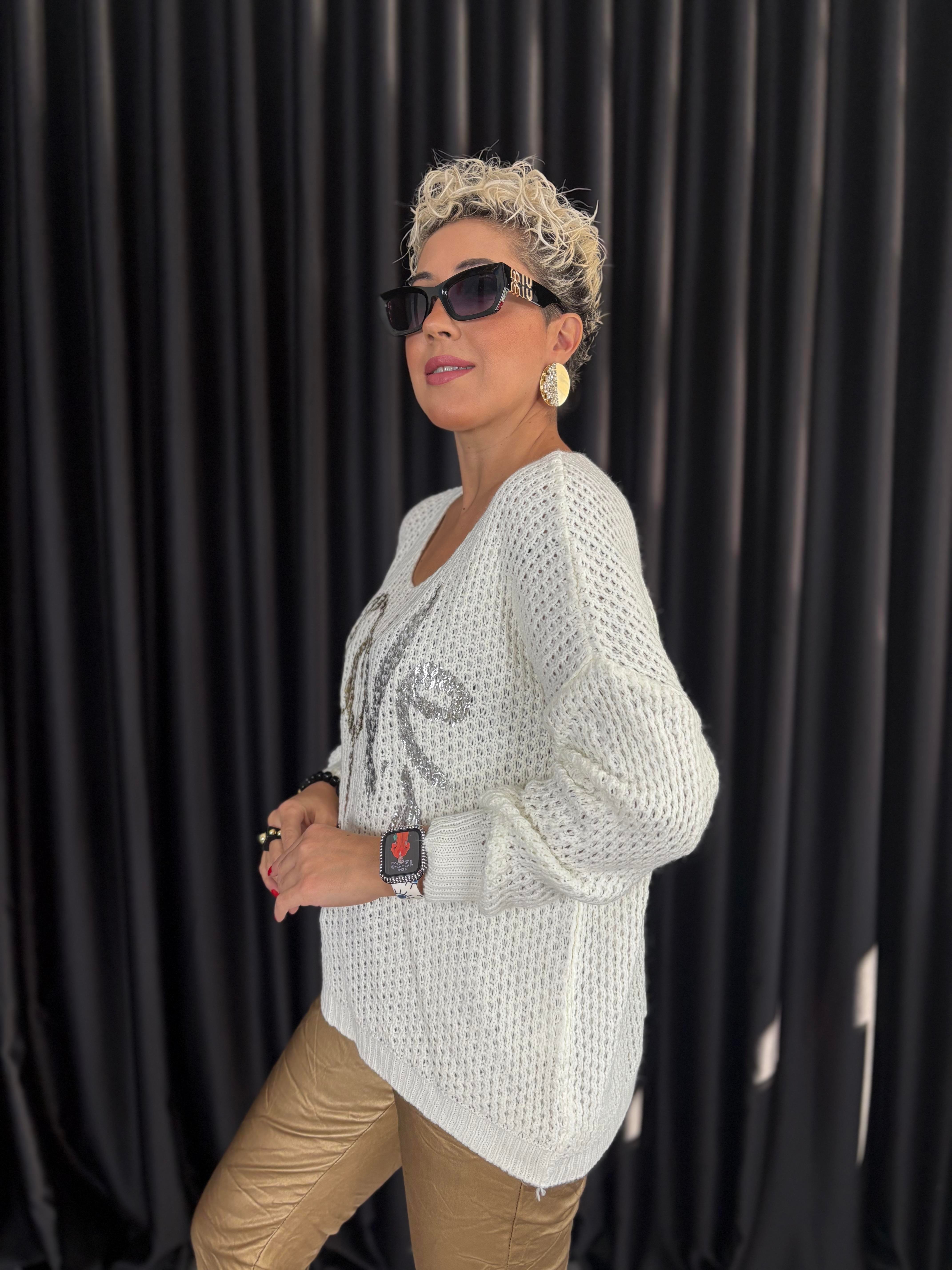 İtalyan Beyaz Örme Varaklı Bluz