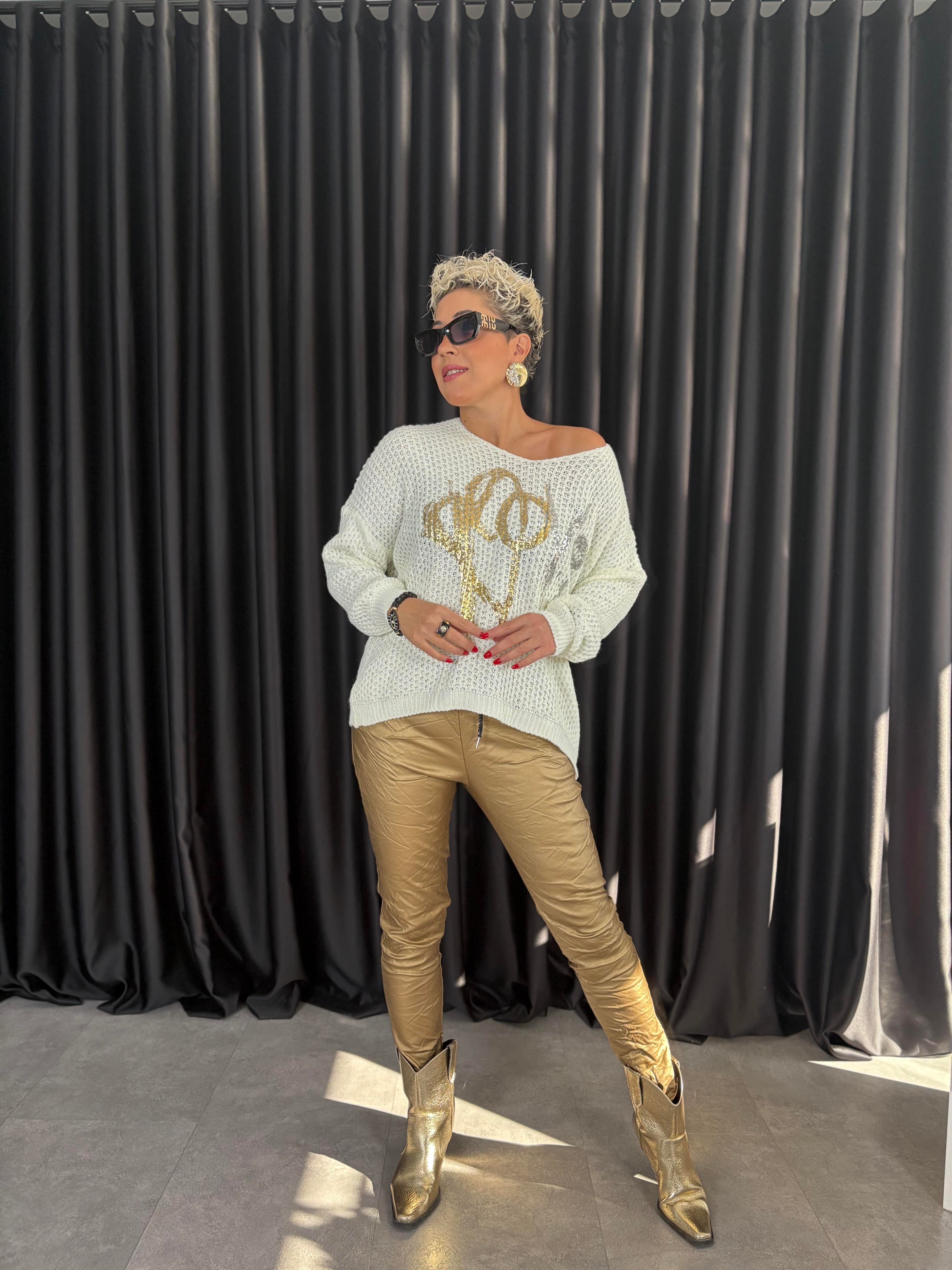 İtalyan Beyaz Örme Varaklı Bluz