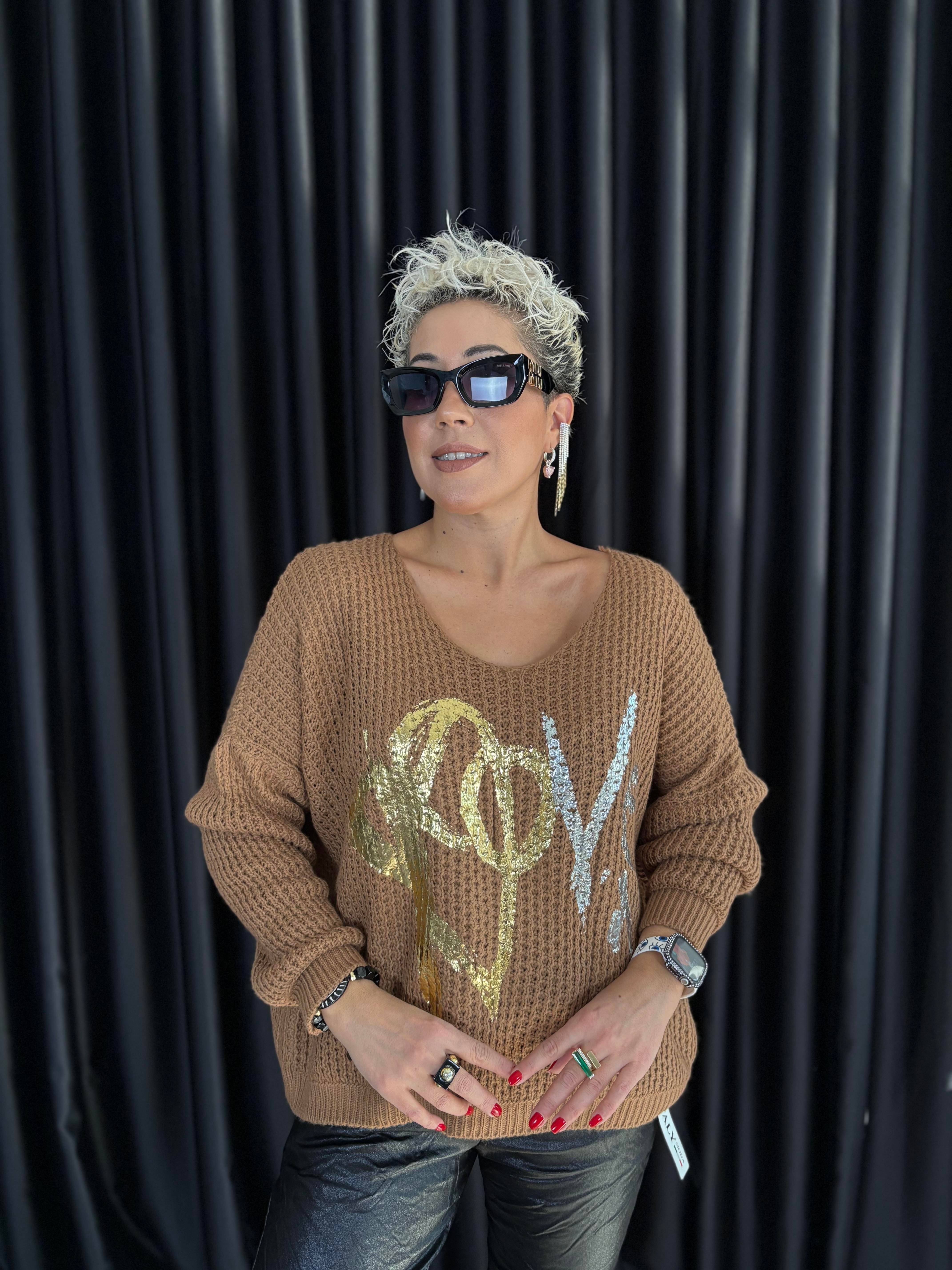 İtalyan Camel Örme Varaklı Bluz