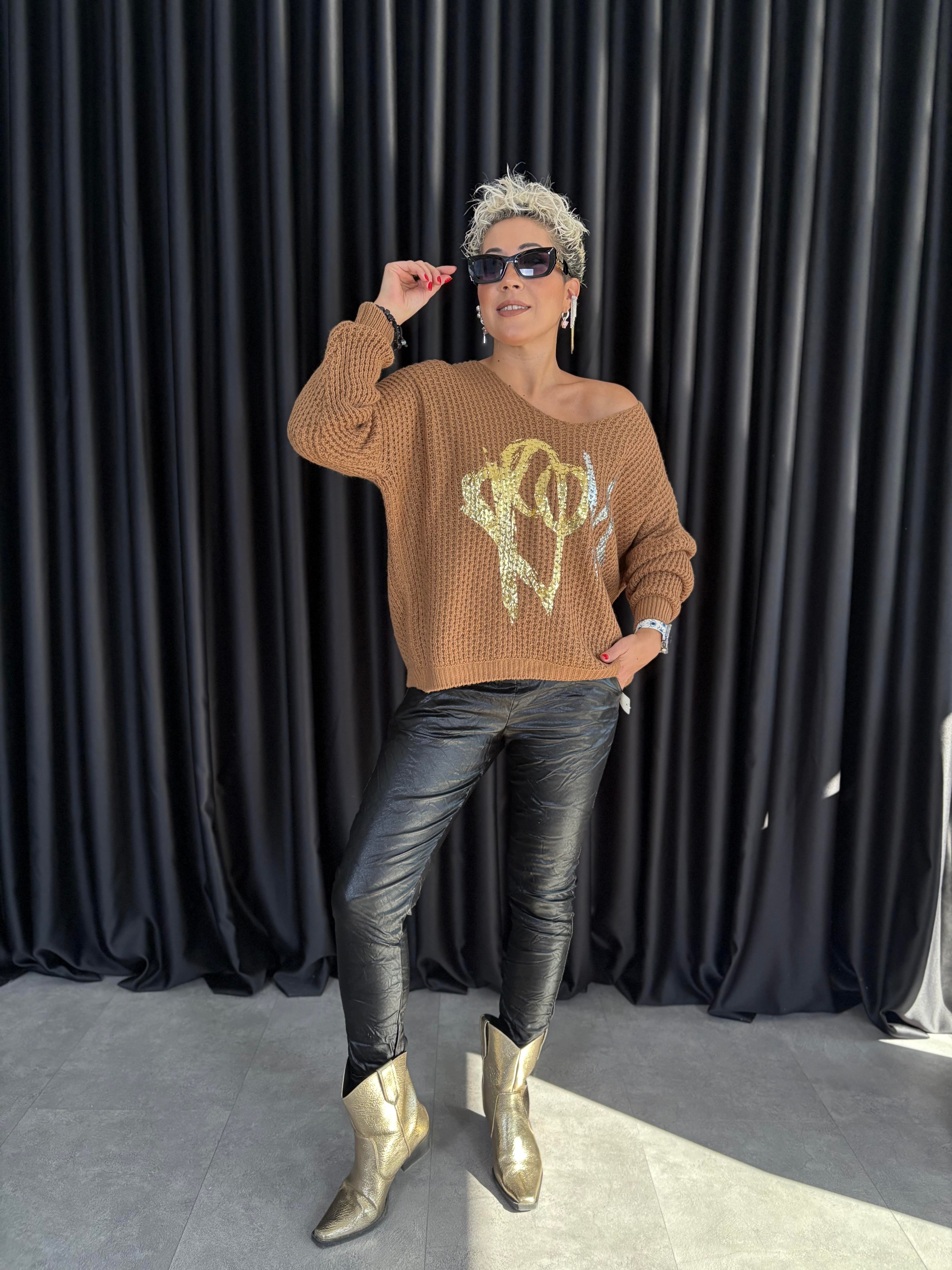 İtalyan Camel Örme Varaklı Bluz