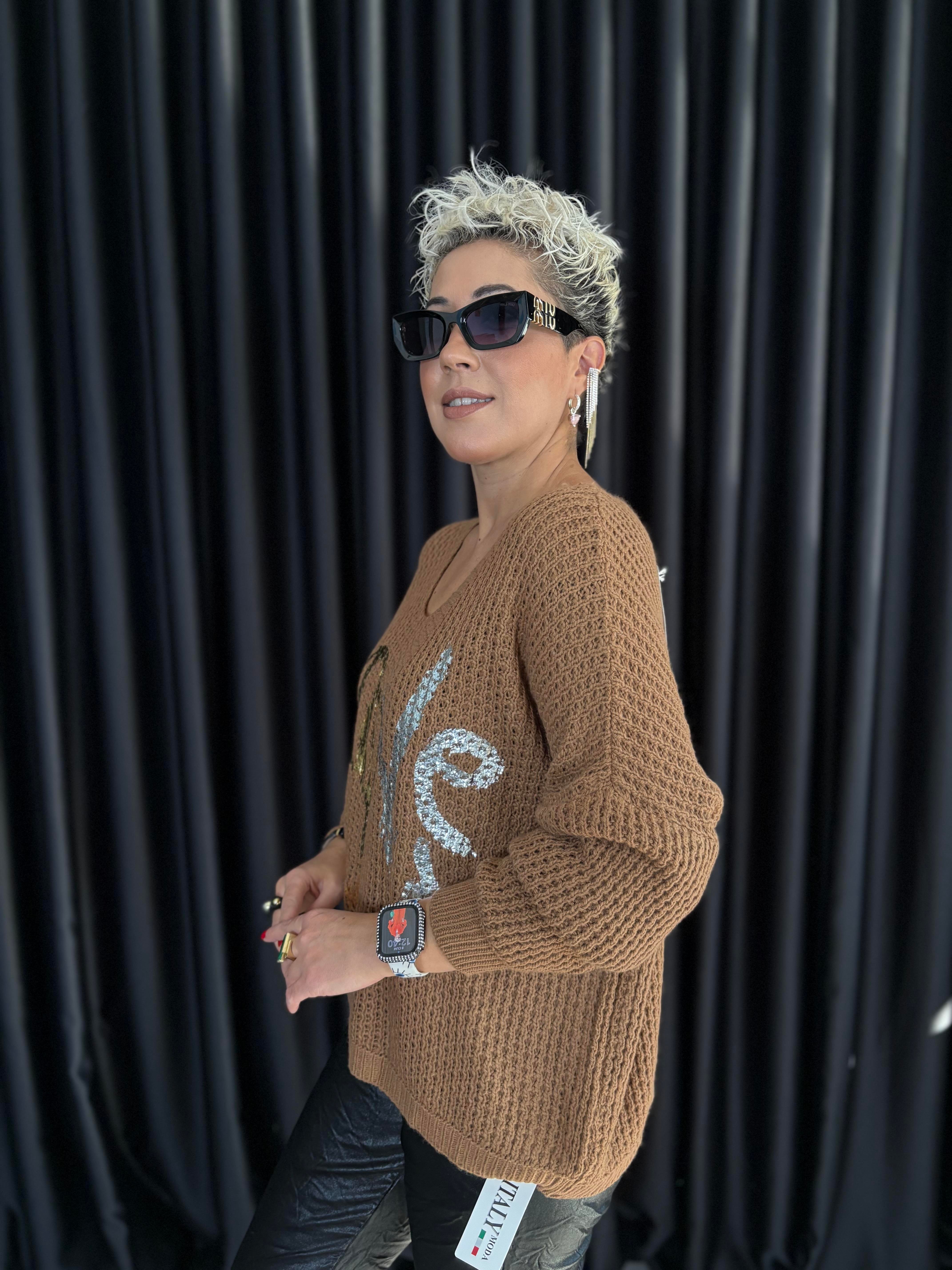 İtalyan Camel Örme Varaklı Bluz