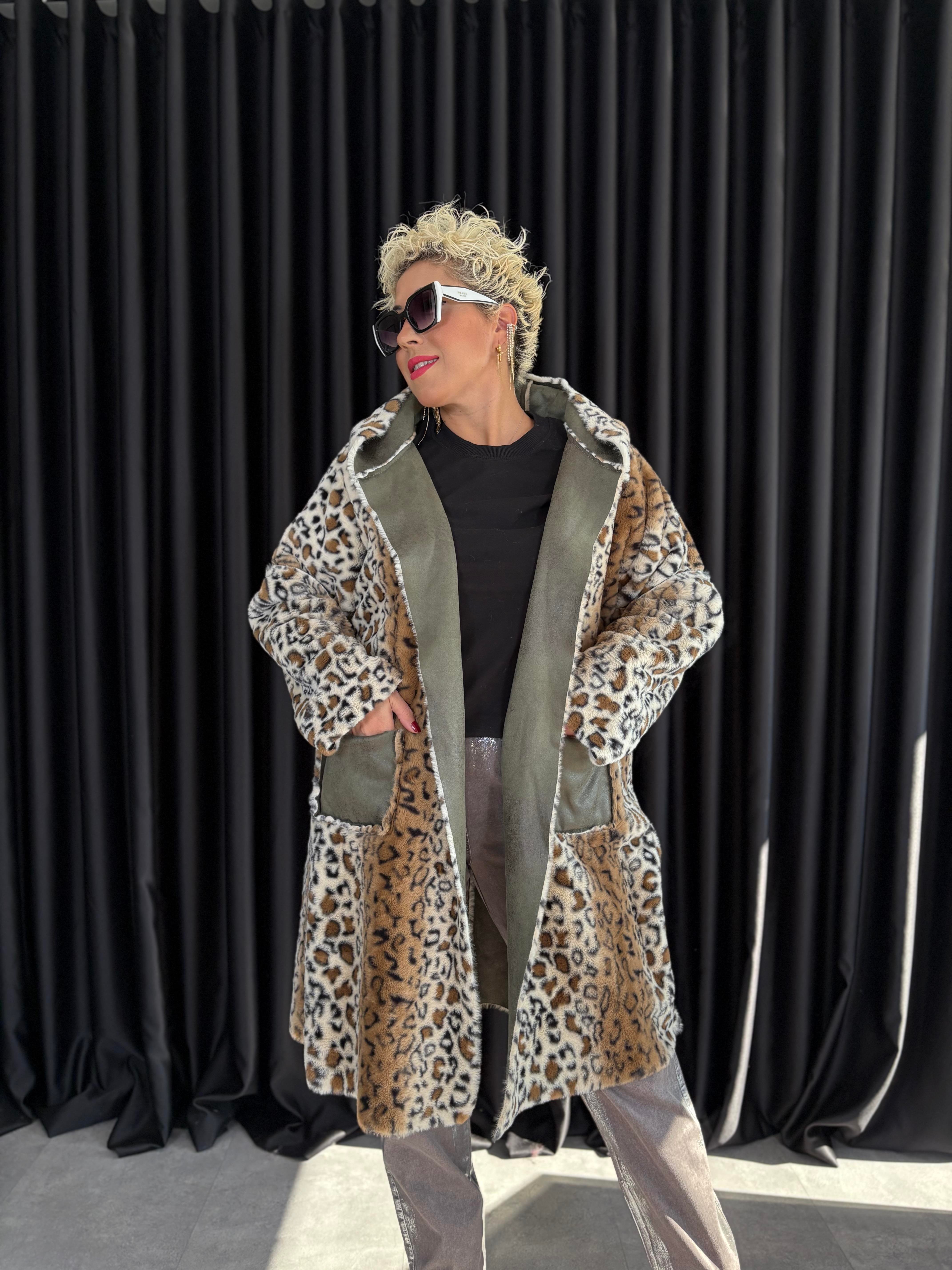 İtalyan Çift Taraflı Haki Leopar Kürk