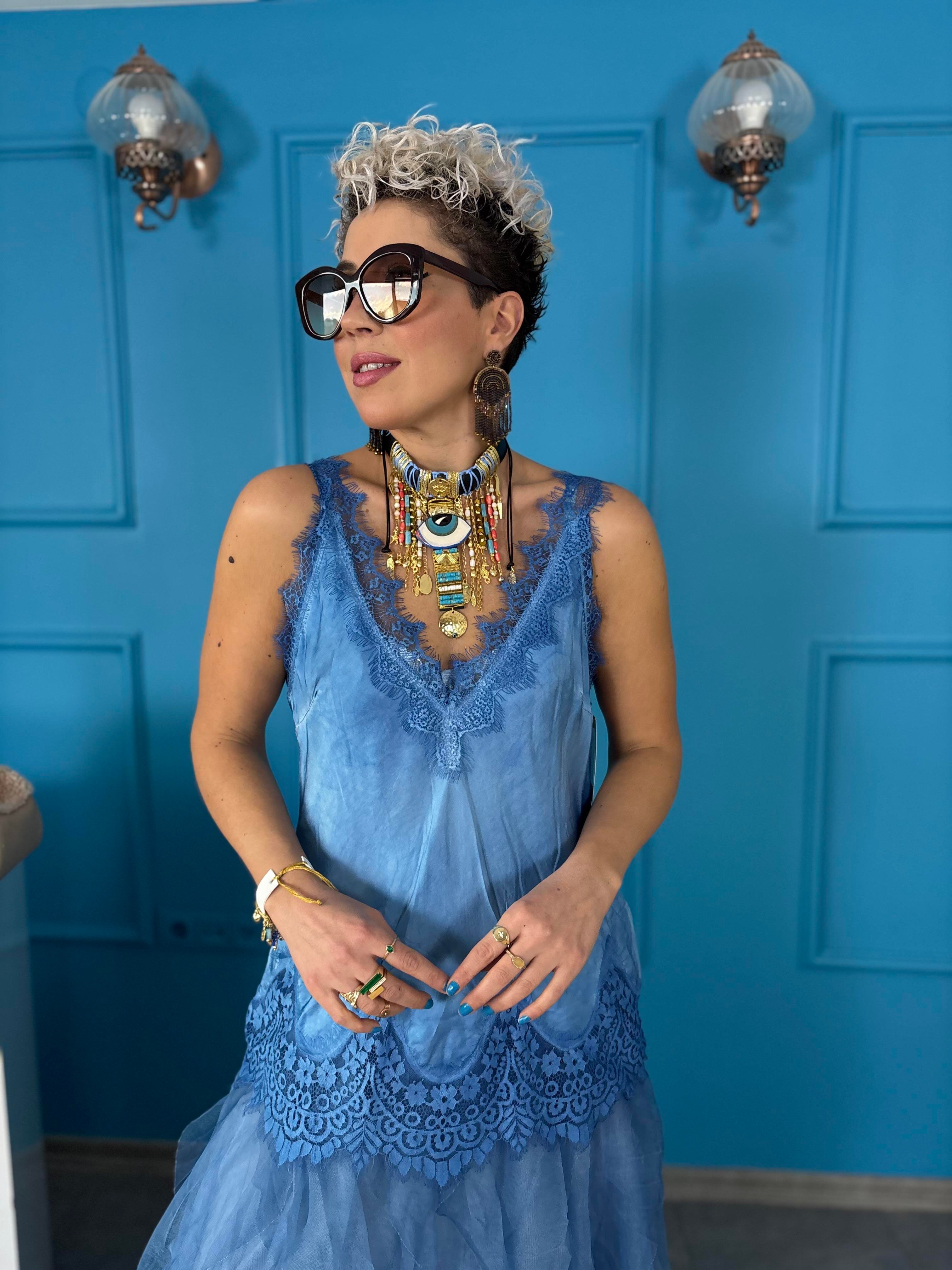 İtalyan Dantelli İpek Mavi Bluz