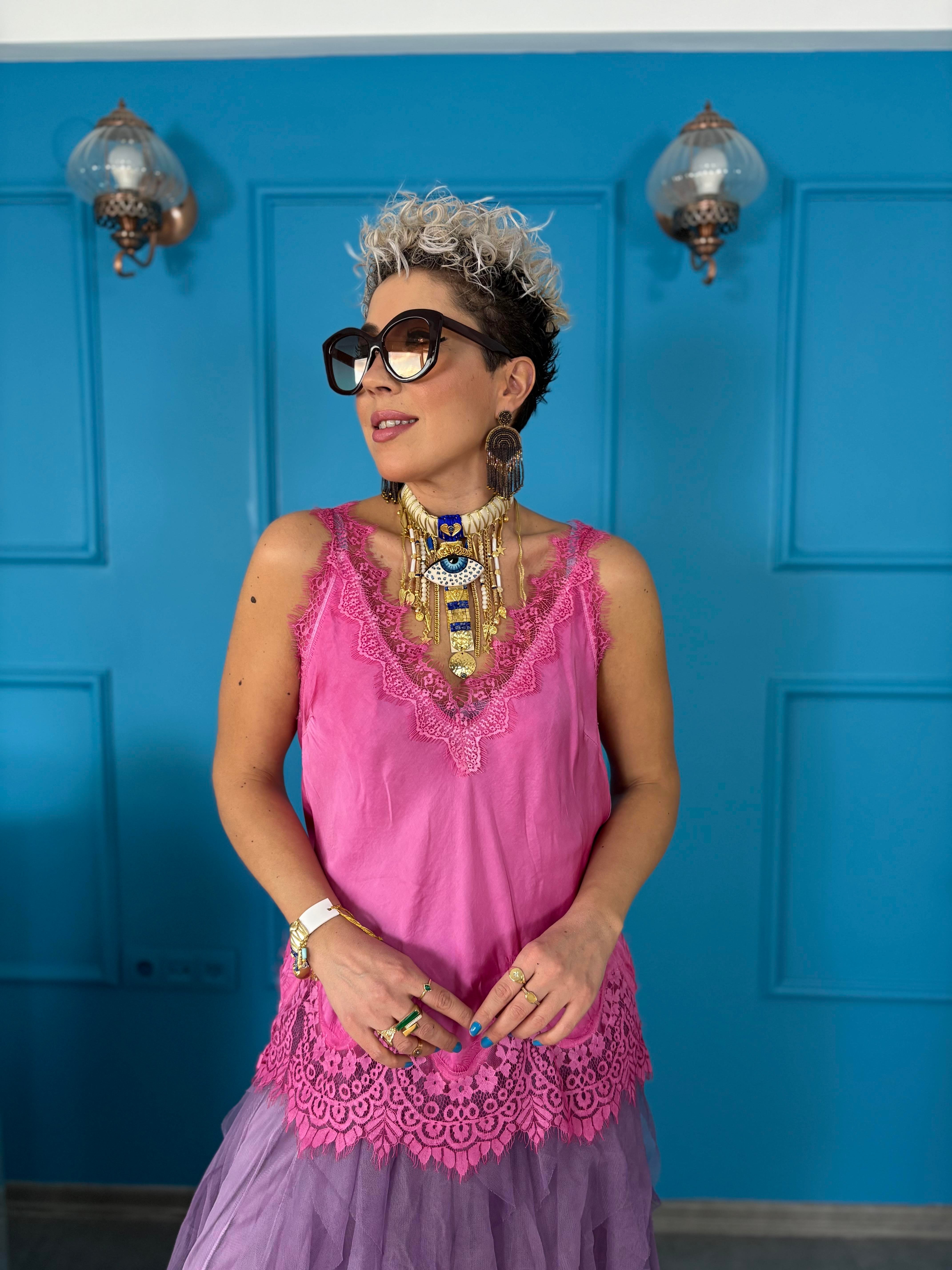 İtalyan Dantelli İpek Pembe Bluz