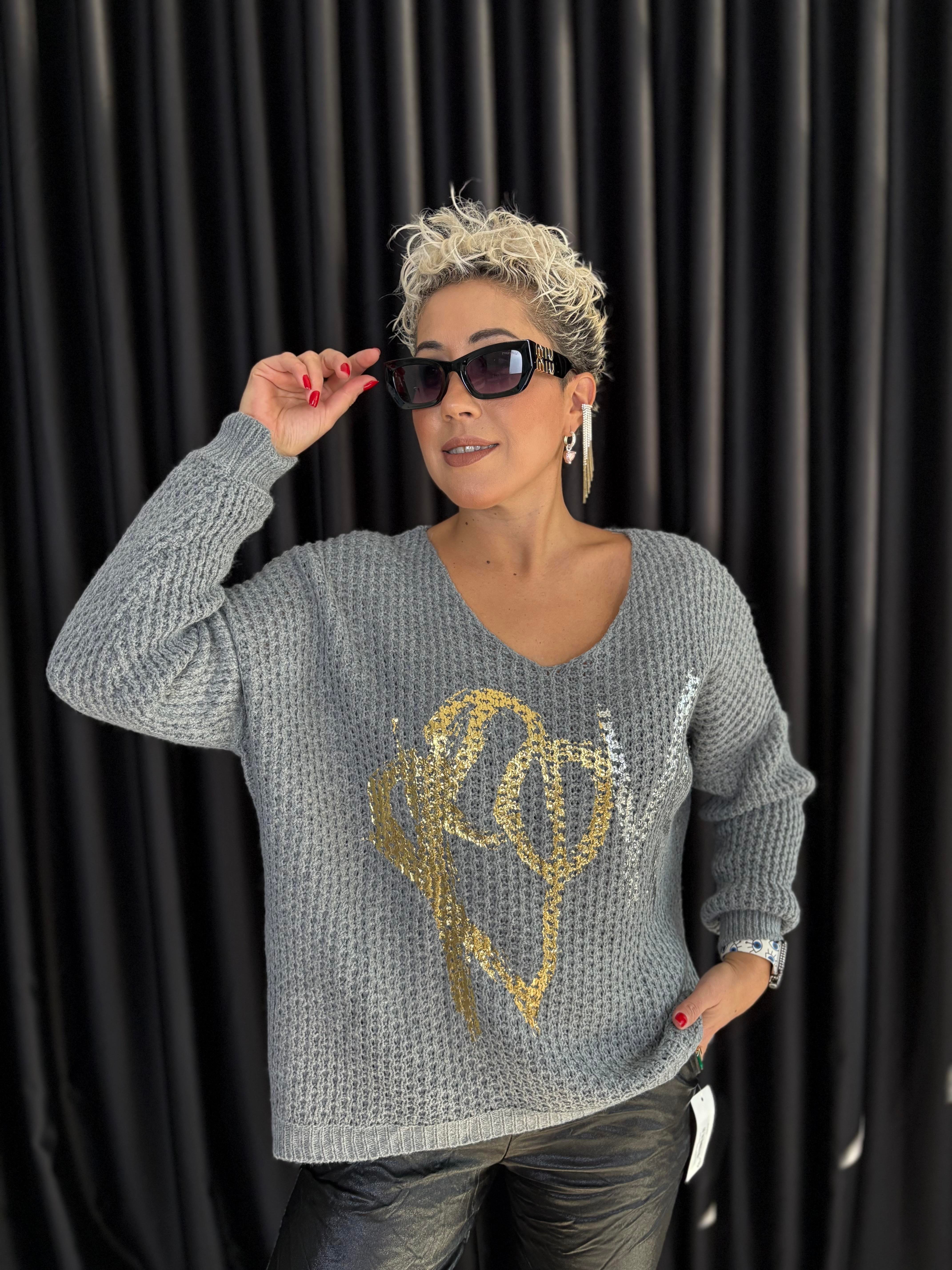 İtalyan Gri Örme Varaklı Bluz