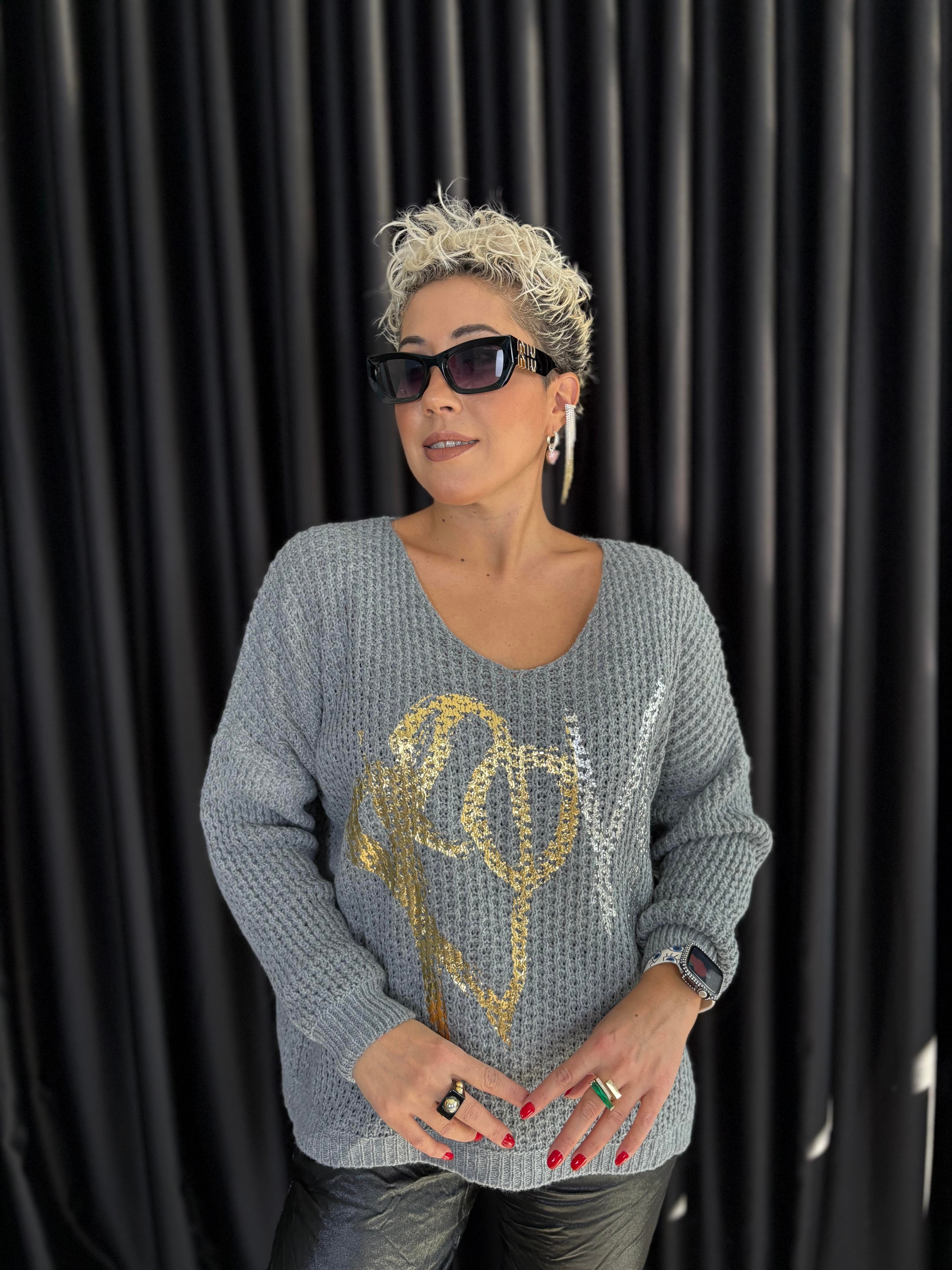 İtalyan Gri Örme Varaklı Bluz