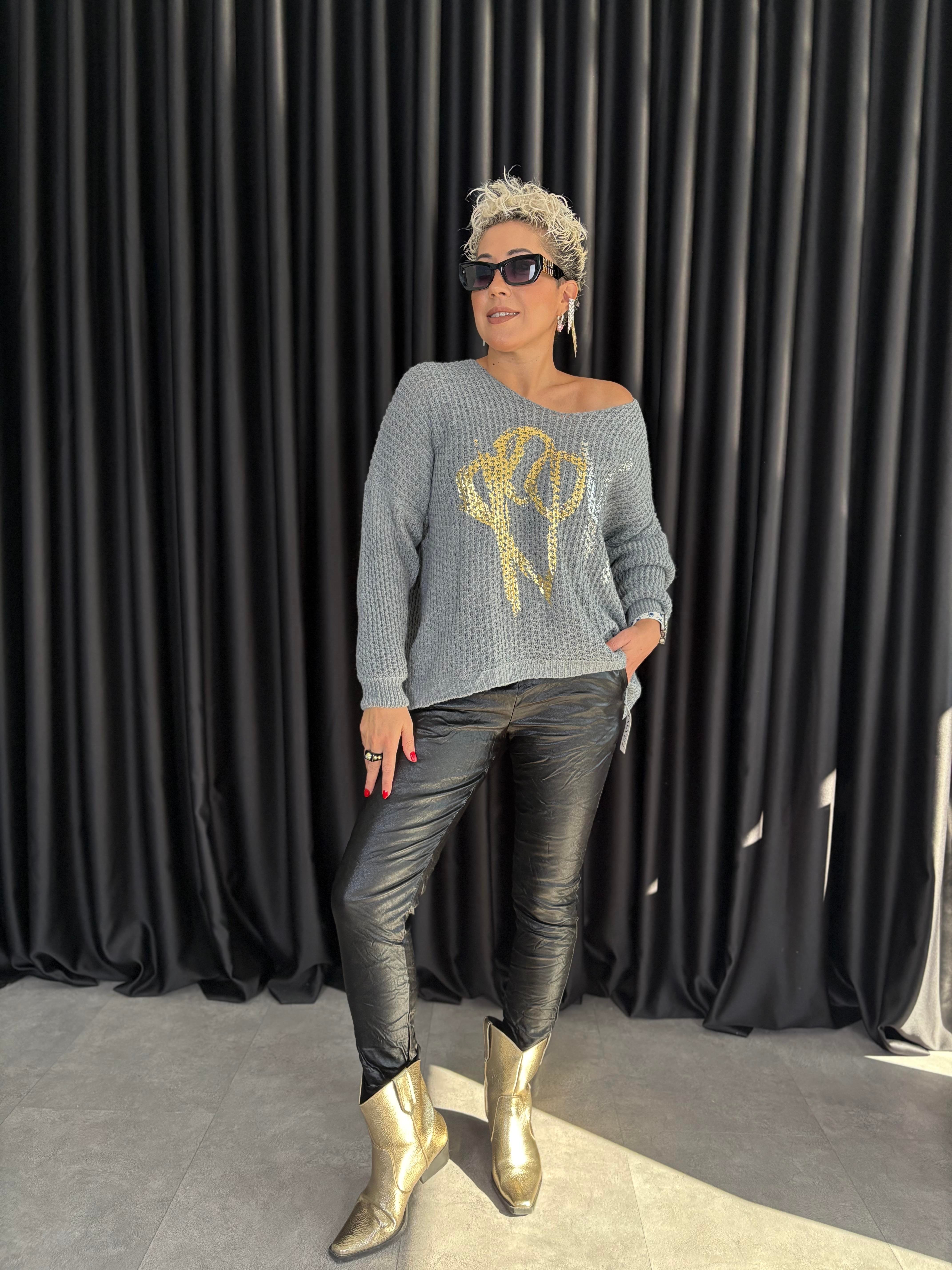 İtalyan Gri Örme Varaklı Bluz