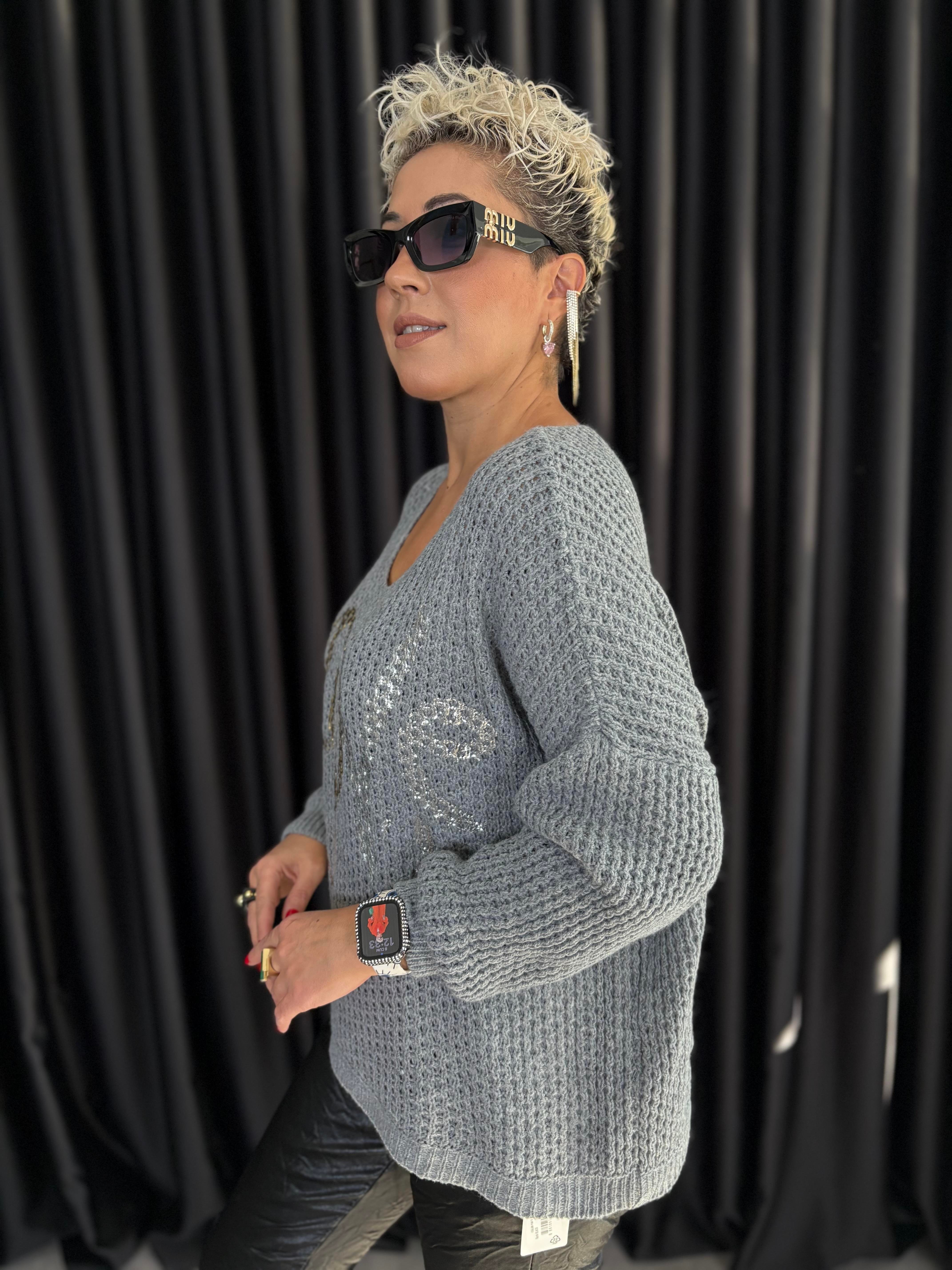 İtalyan Gri Örme Varaklı Bluz