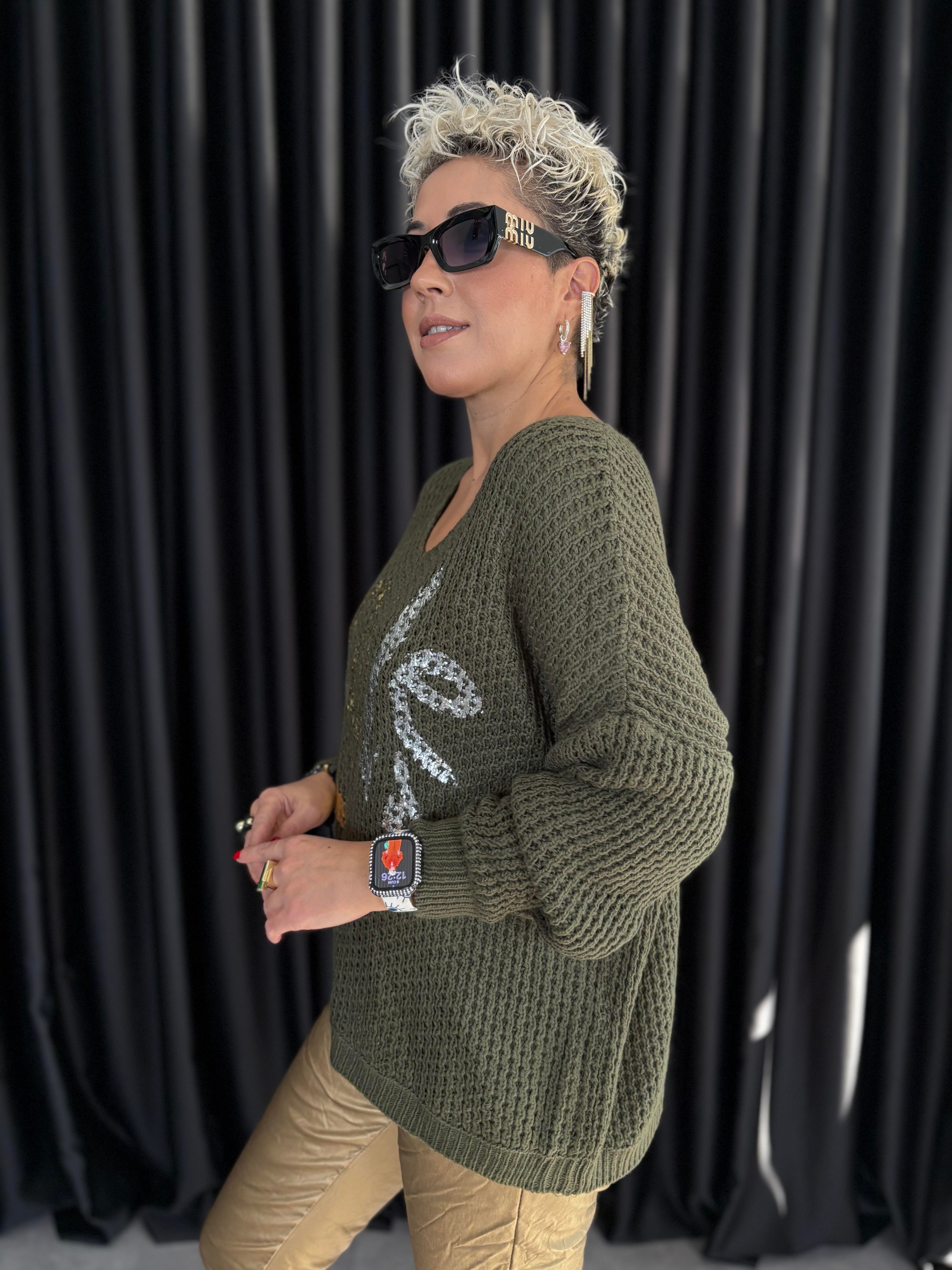 İtalyan Haki Örme Varaklı Bluz