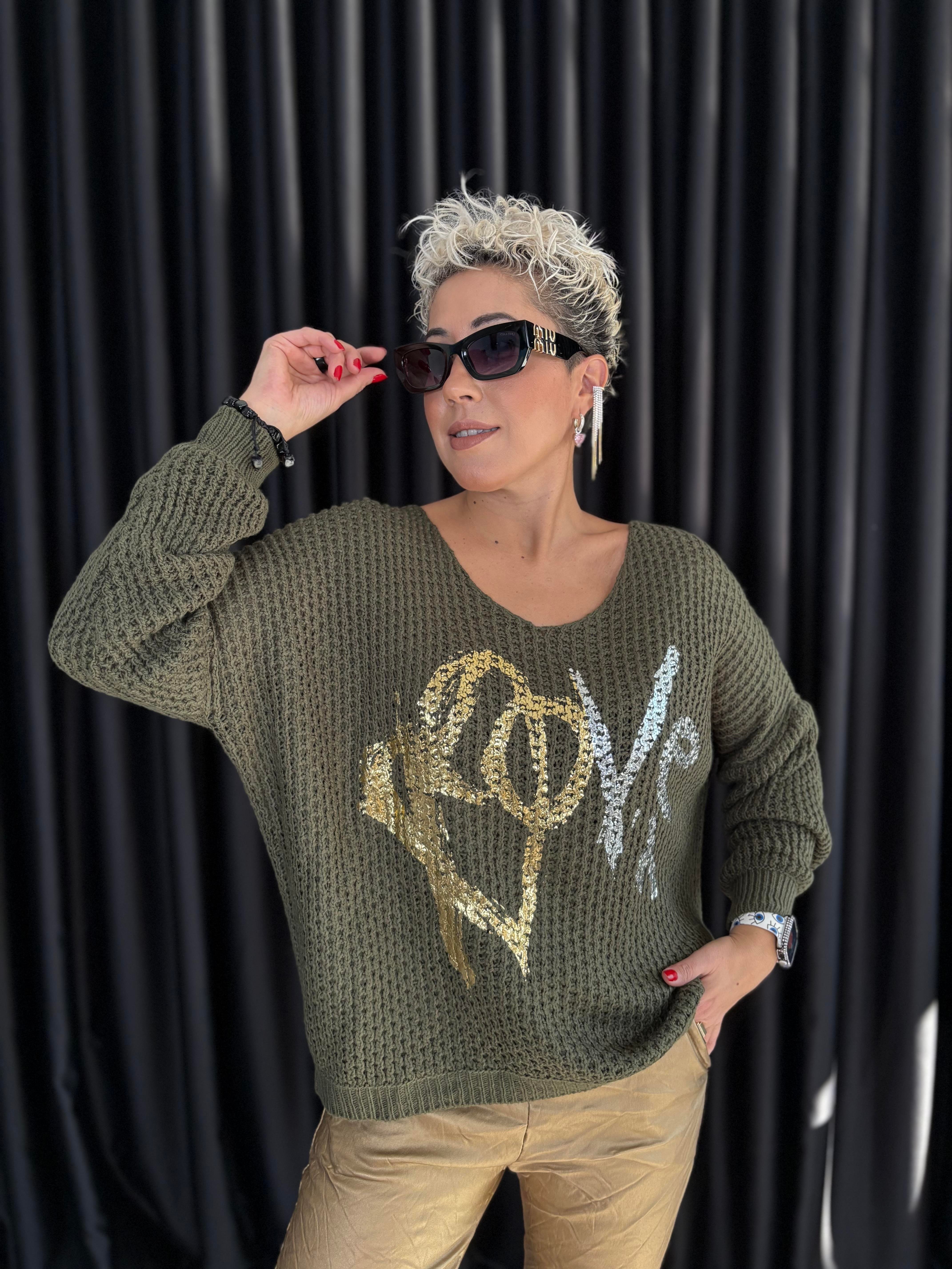 İtalyan Haki Örme Varaklı Bluz