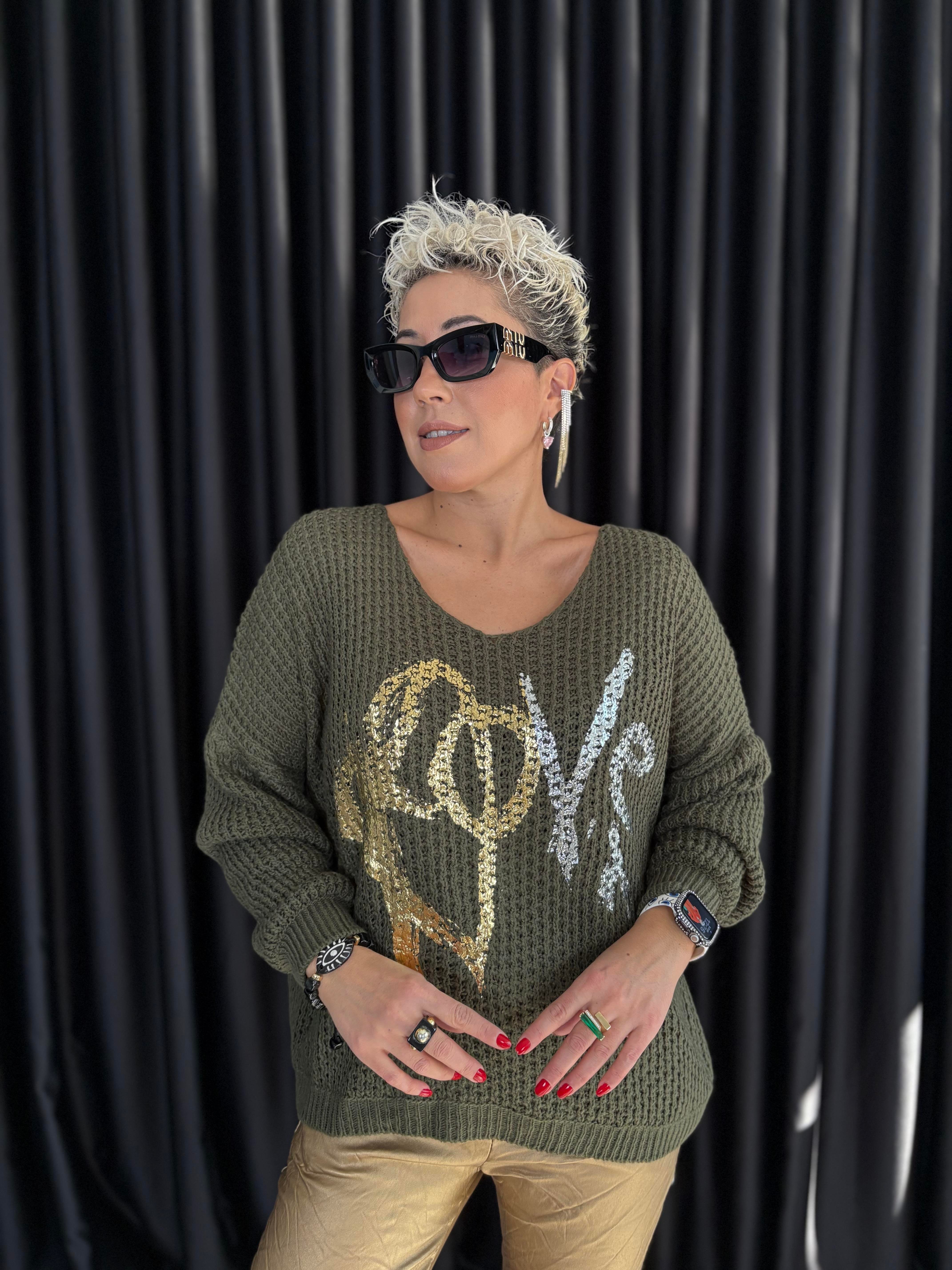 İtalyan Haki Örme Varaklı Bluz