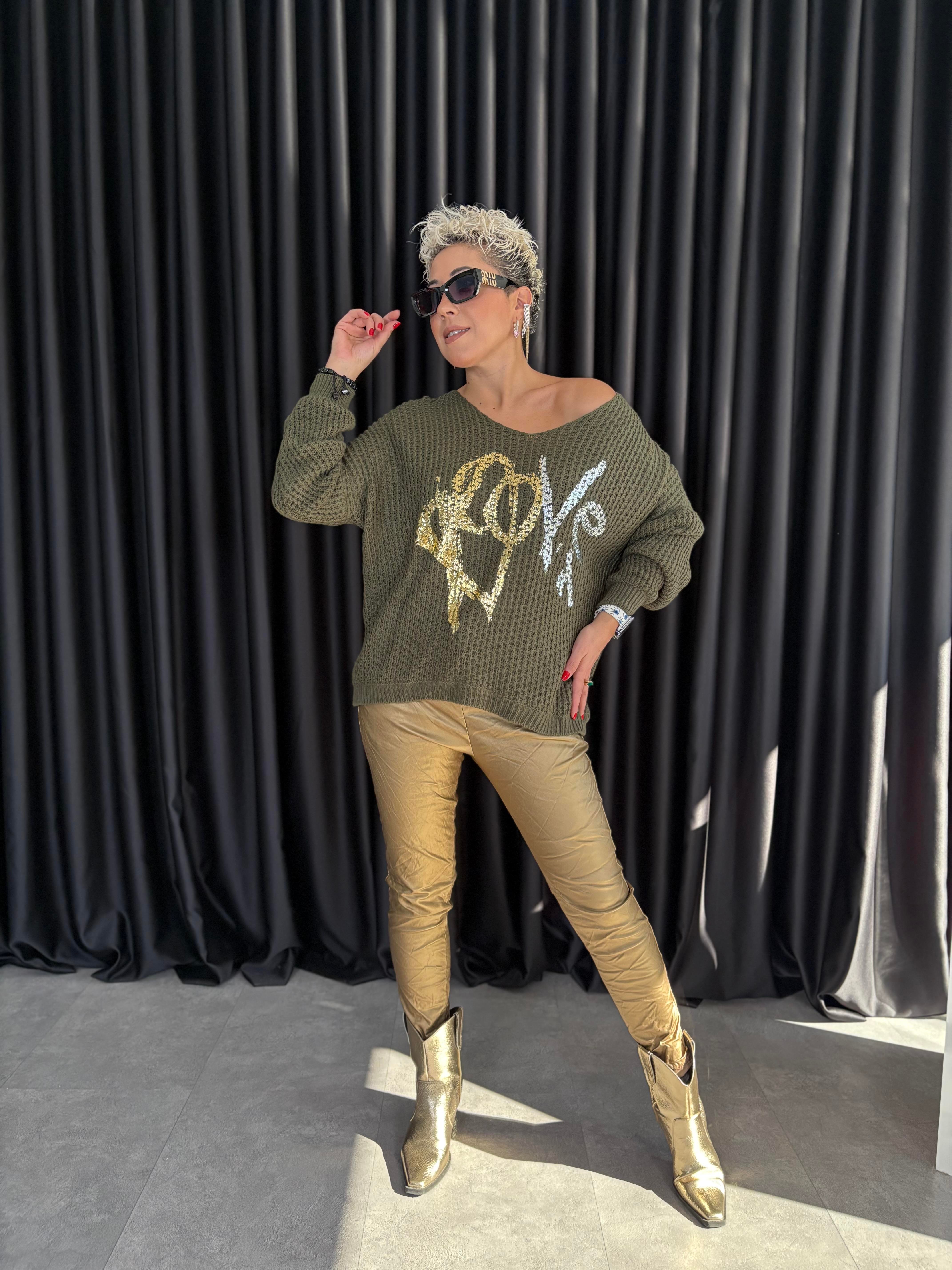 İtalyan Haki Örme Varaklı Bluz