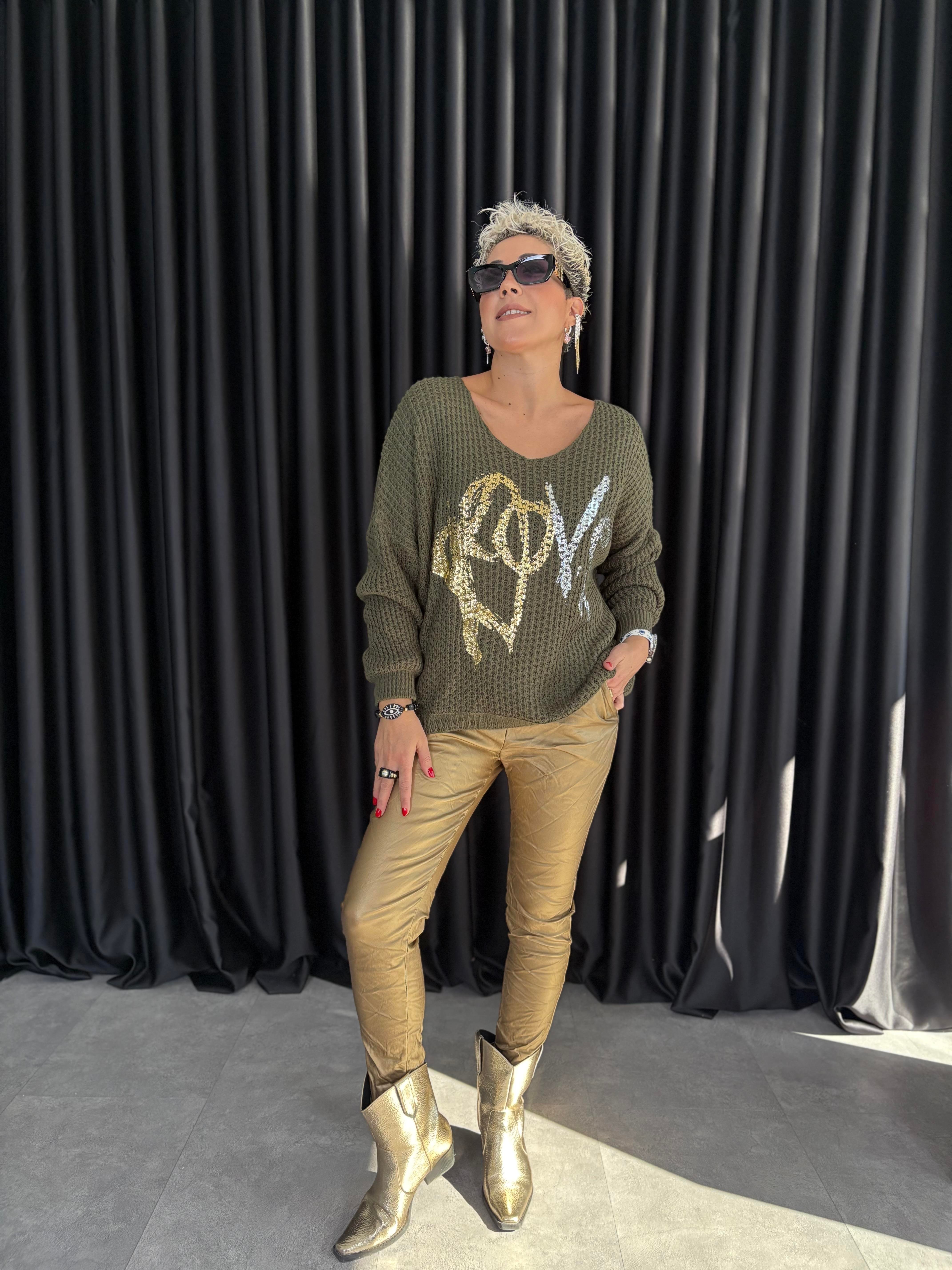 İtalyan Haki Örme Varaklı Bluz