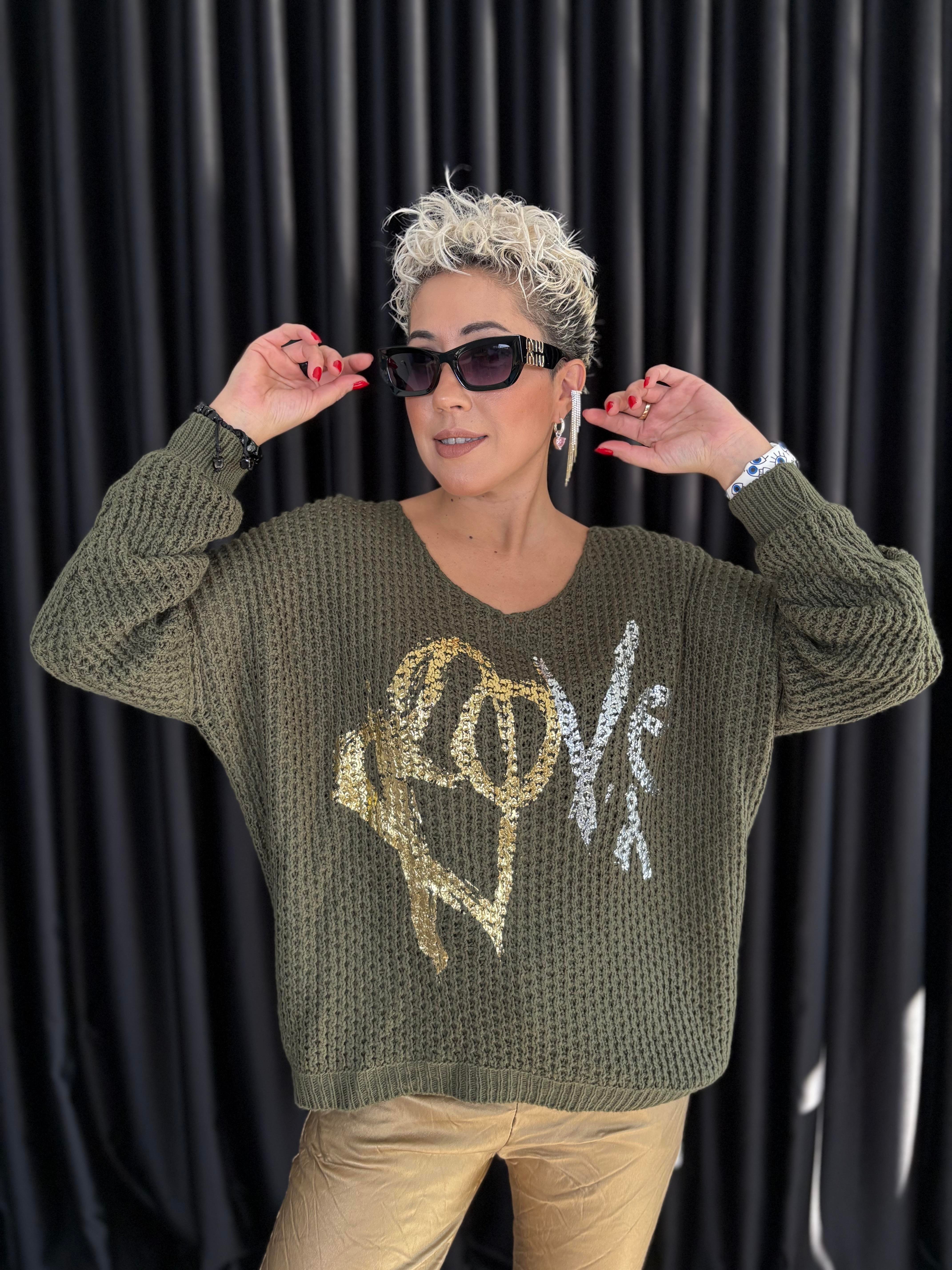 İtalyan Haki Örme Varaklı Bluz