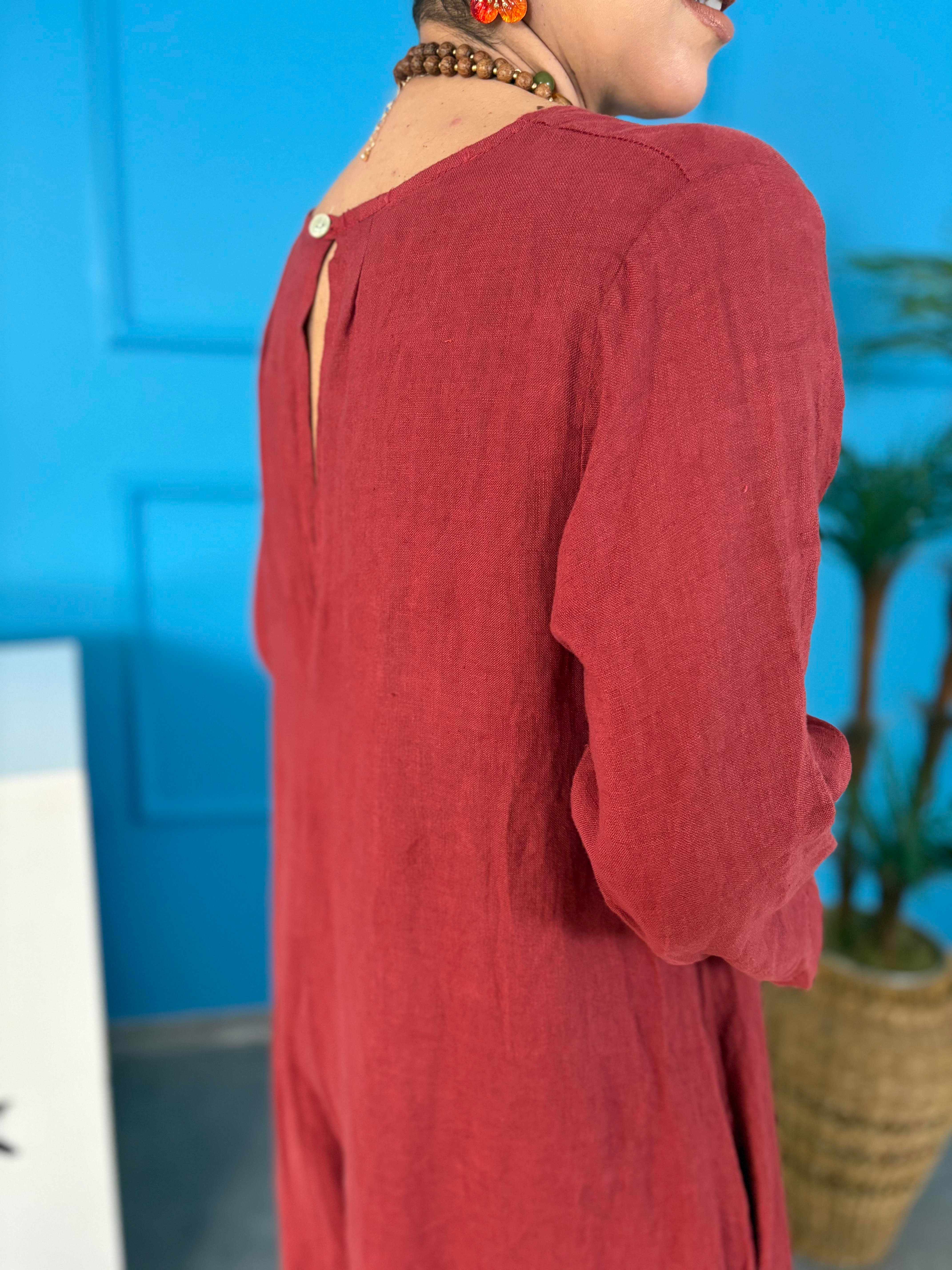 İtalyan Ham Keten Bordo Tulum