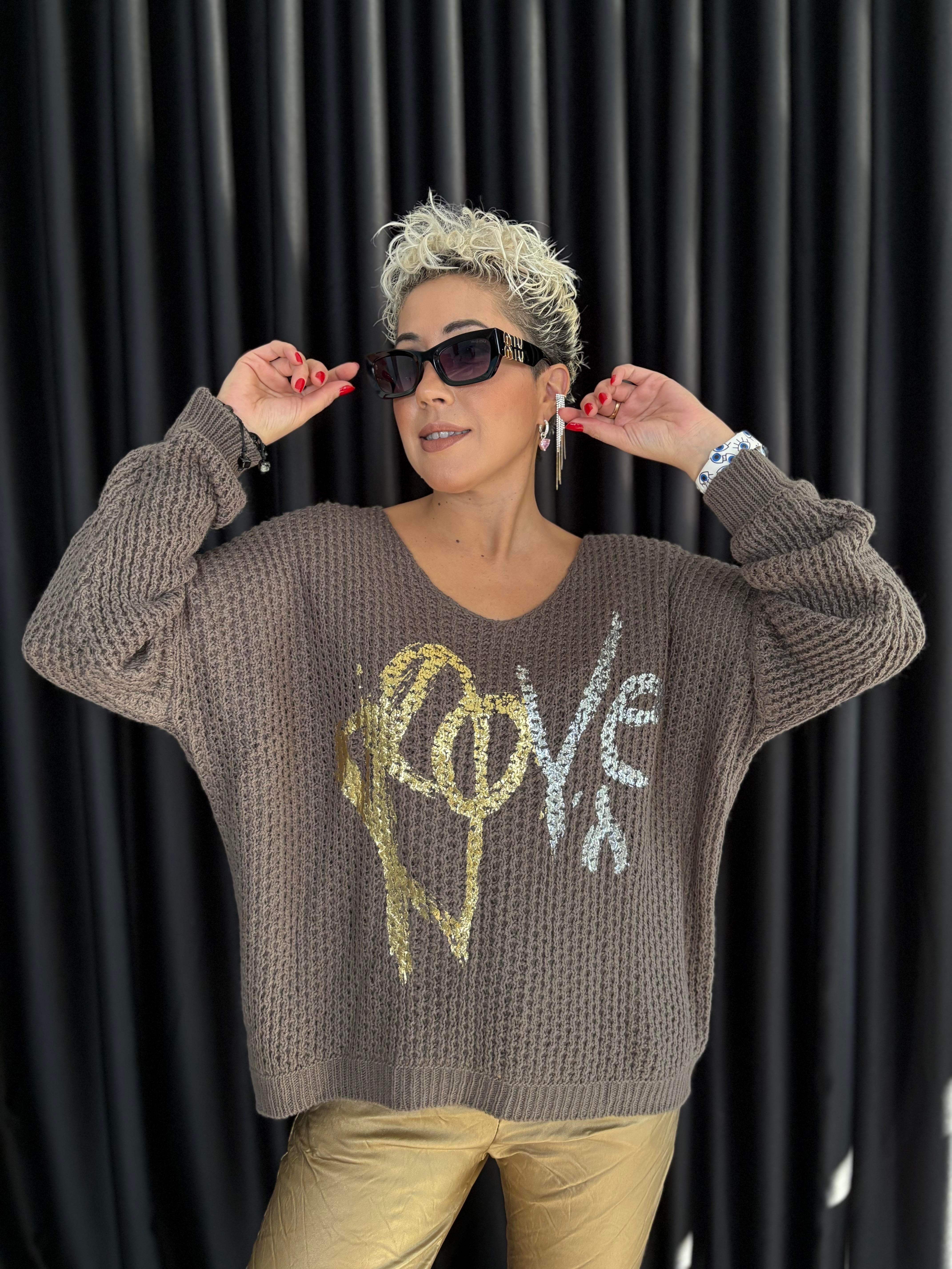 İtalyan Kahve Örme Varaklı Bluz