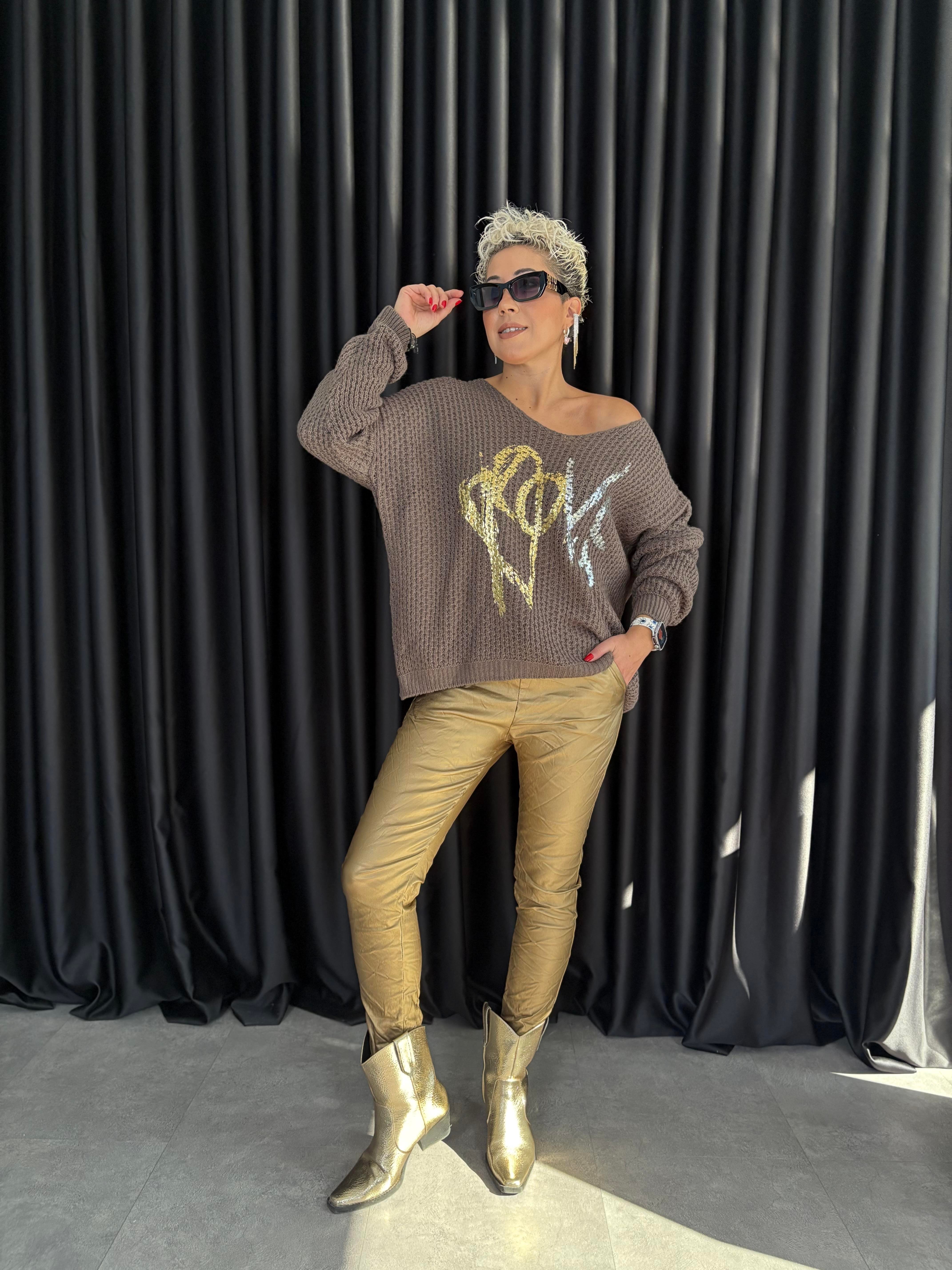 İtalyan Kahve Örme Varaklı Bluz