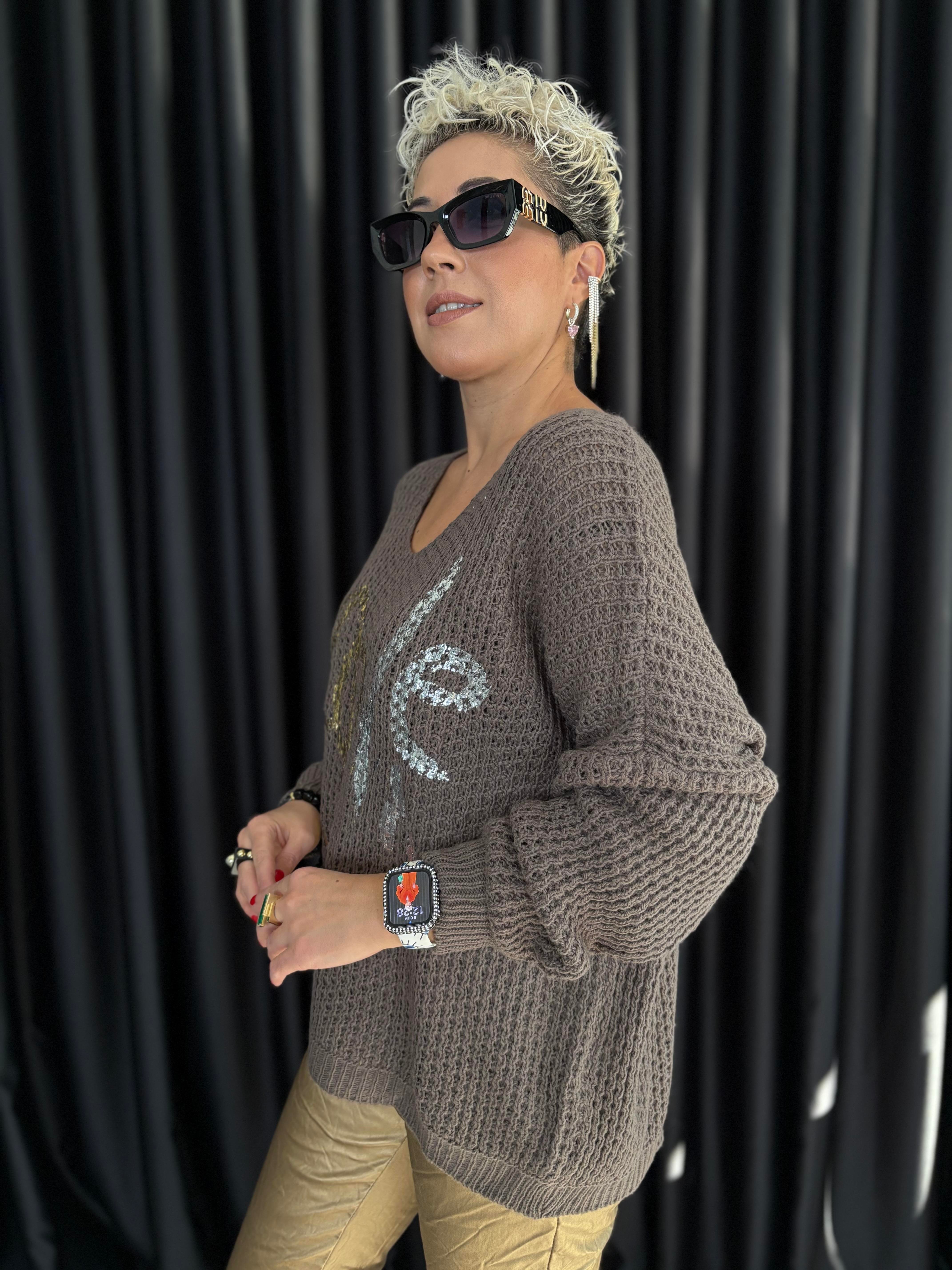 İtalyan Kahve Örme Varaklı Bluz