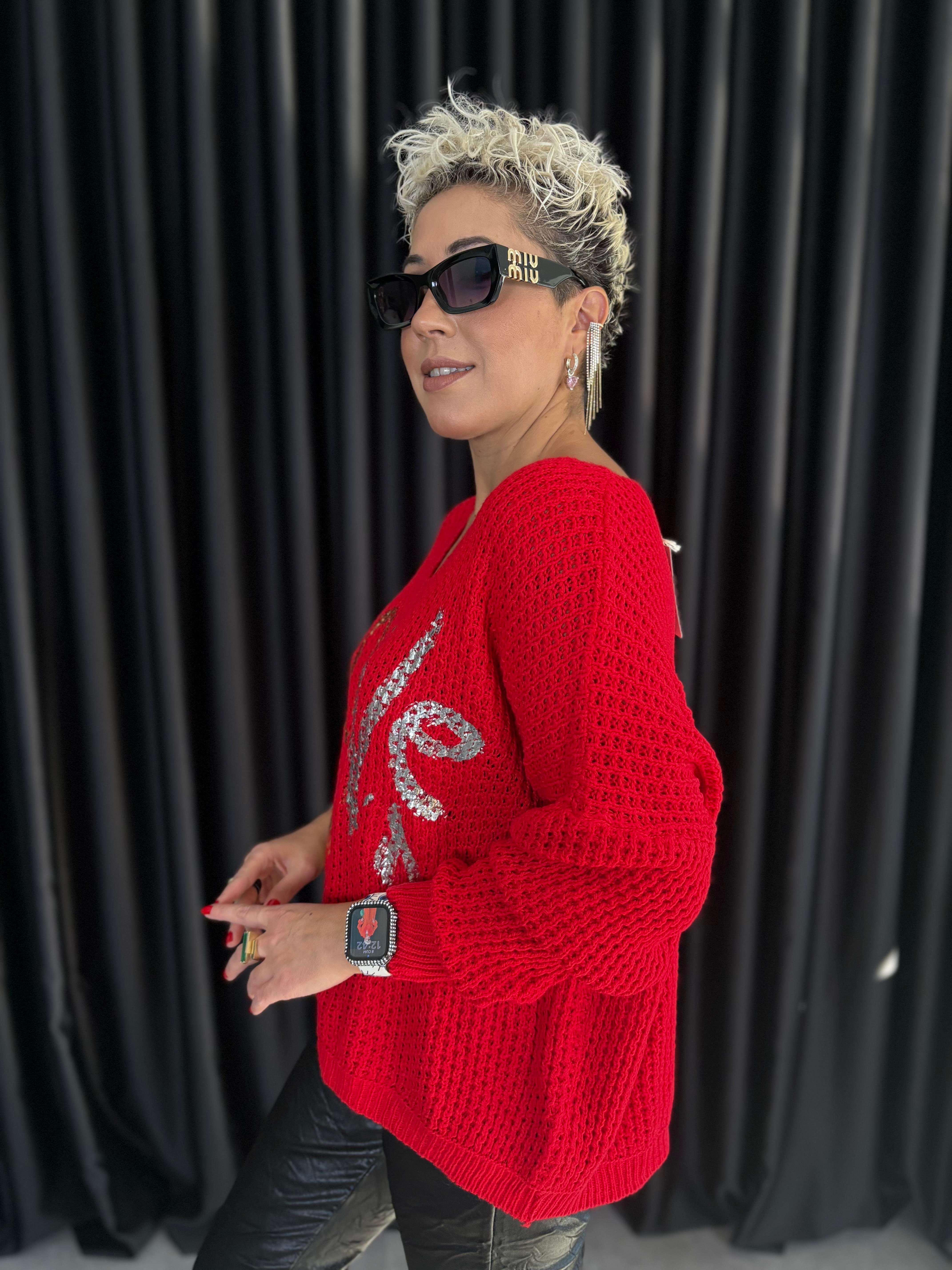 İtalyan Kırmızı Örme Varaklı Bluz