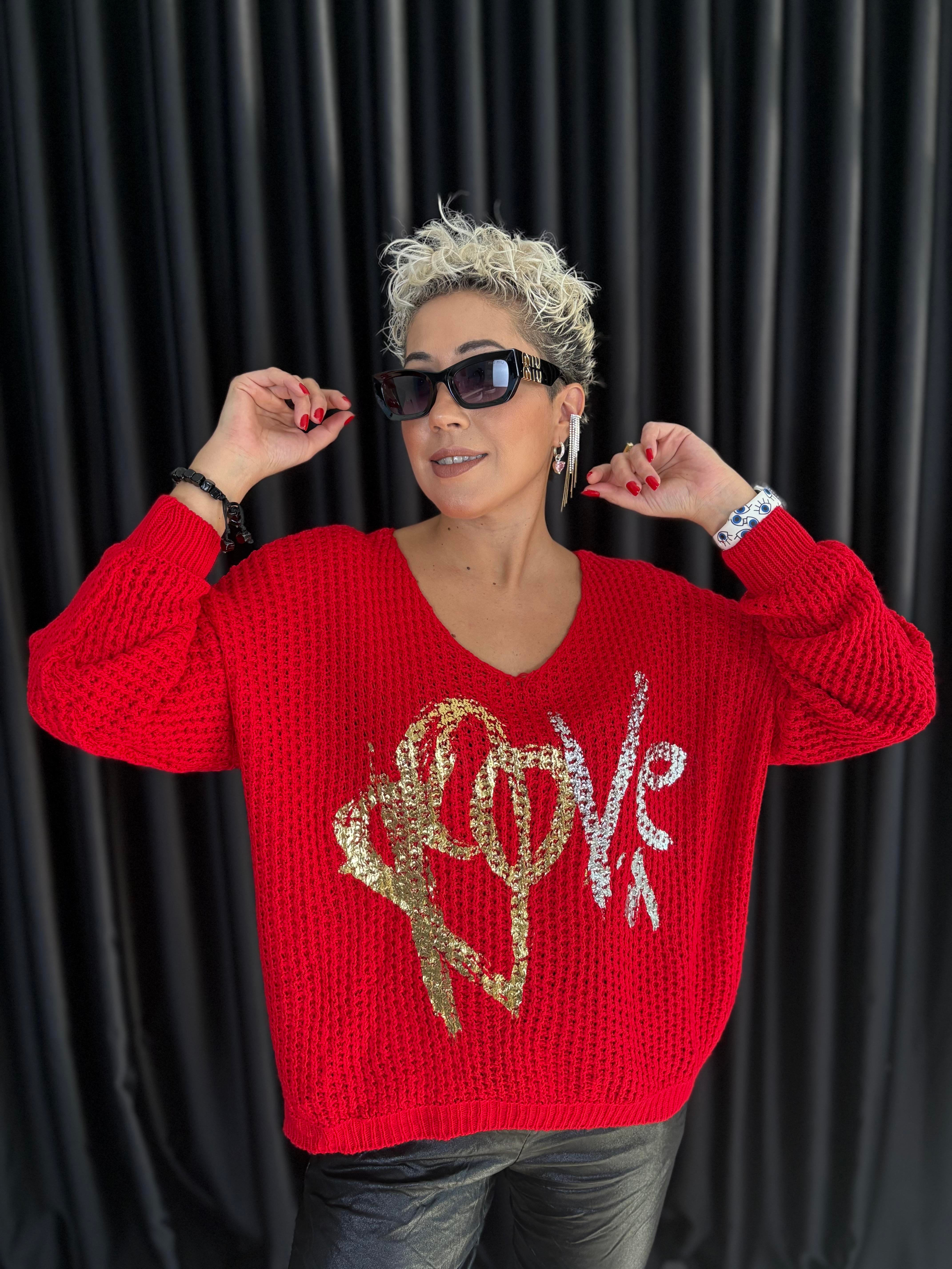 İtalyan Kırmızı Örme Varaklı Bluz