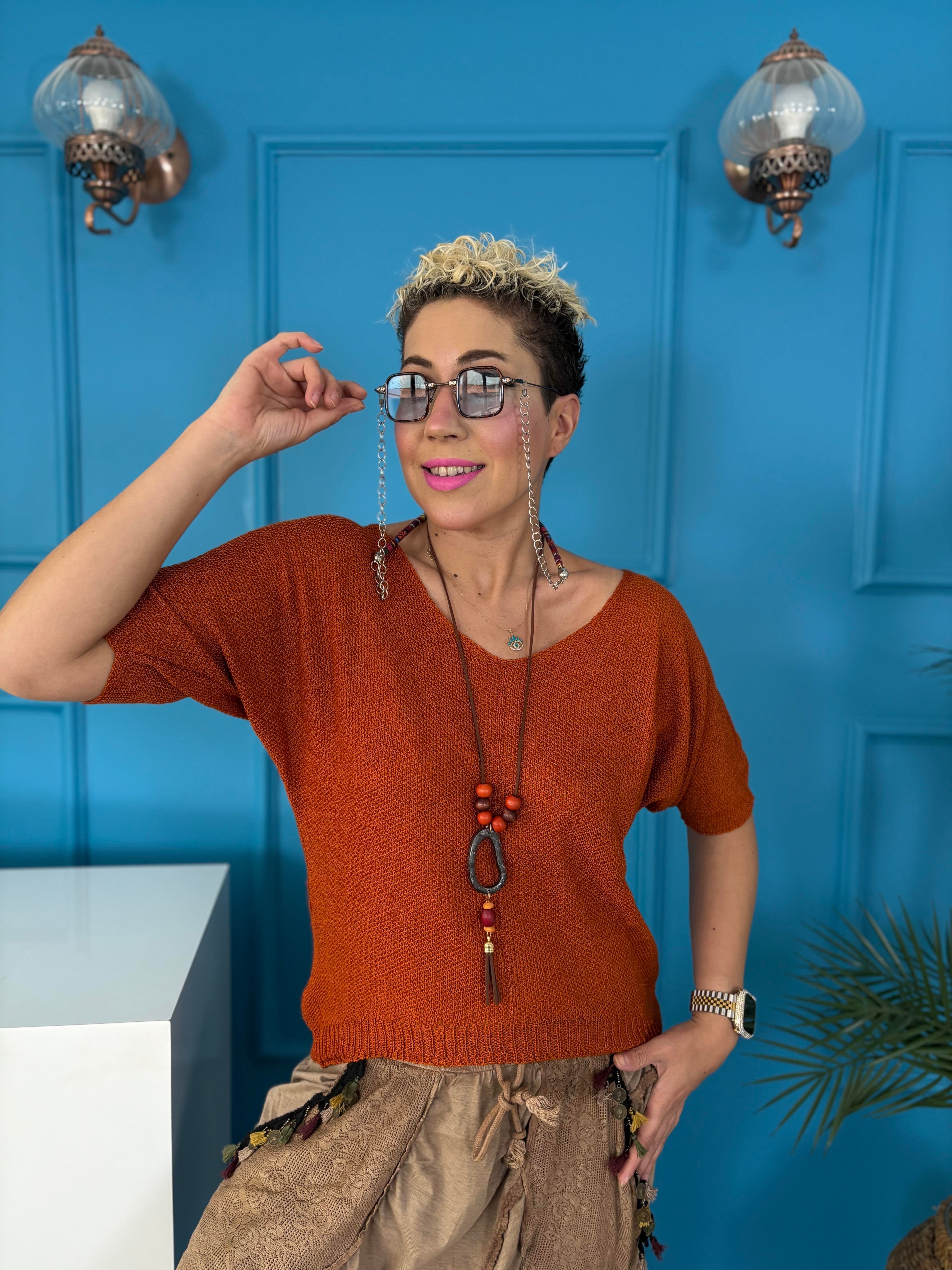 İtalyan Kolyeli Merserize Kiremit Bluz