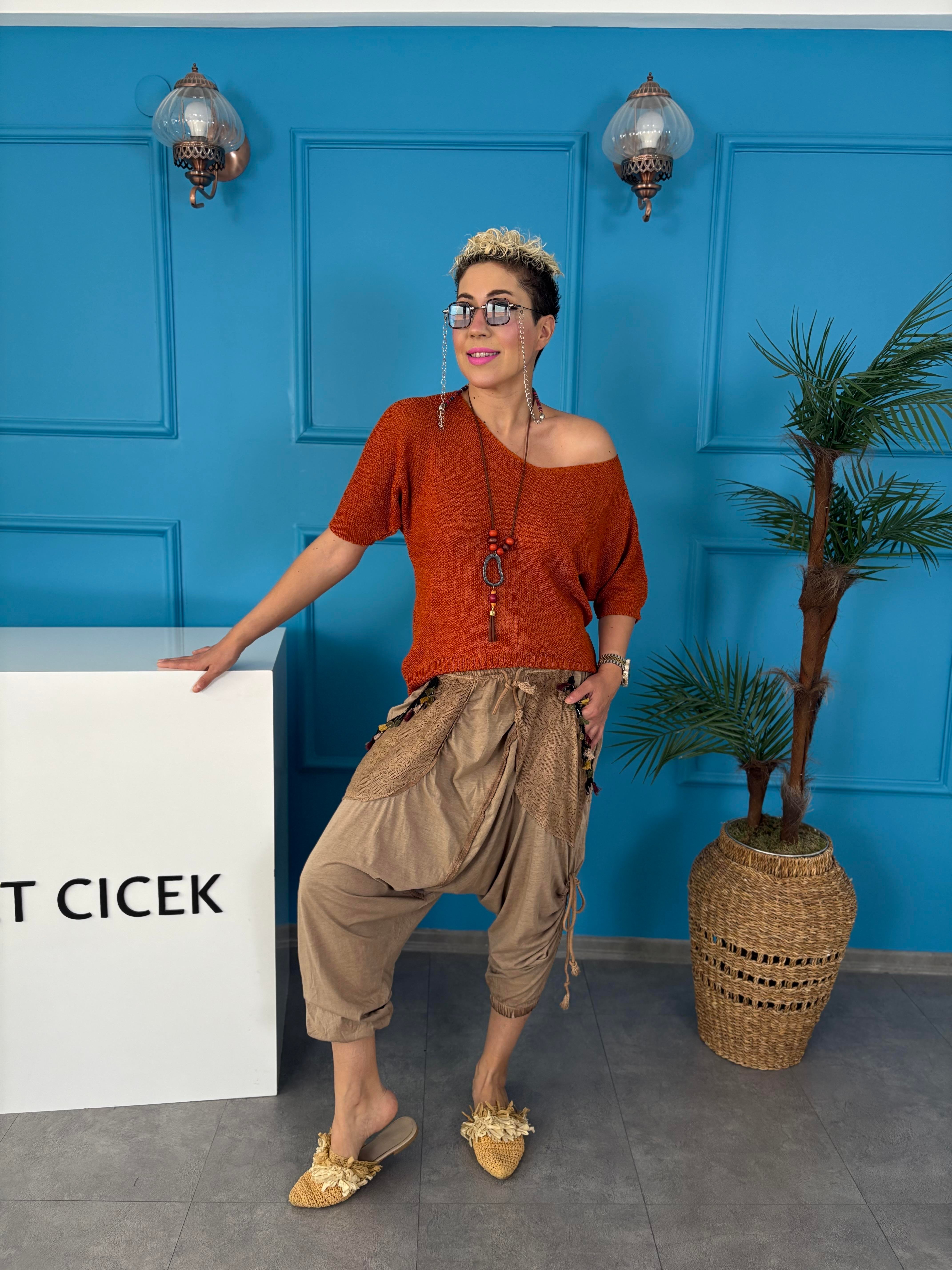 İtalyan Kolyeli Merserize Kiremit Bluz