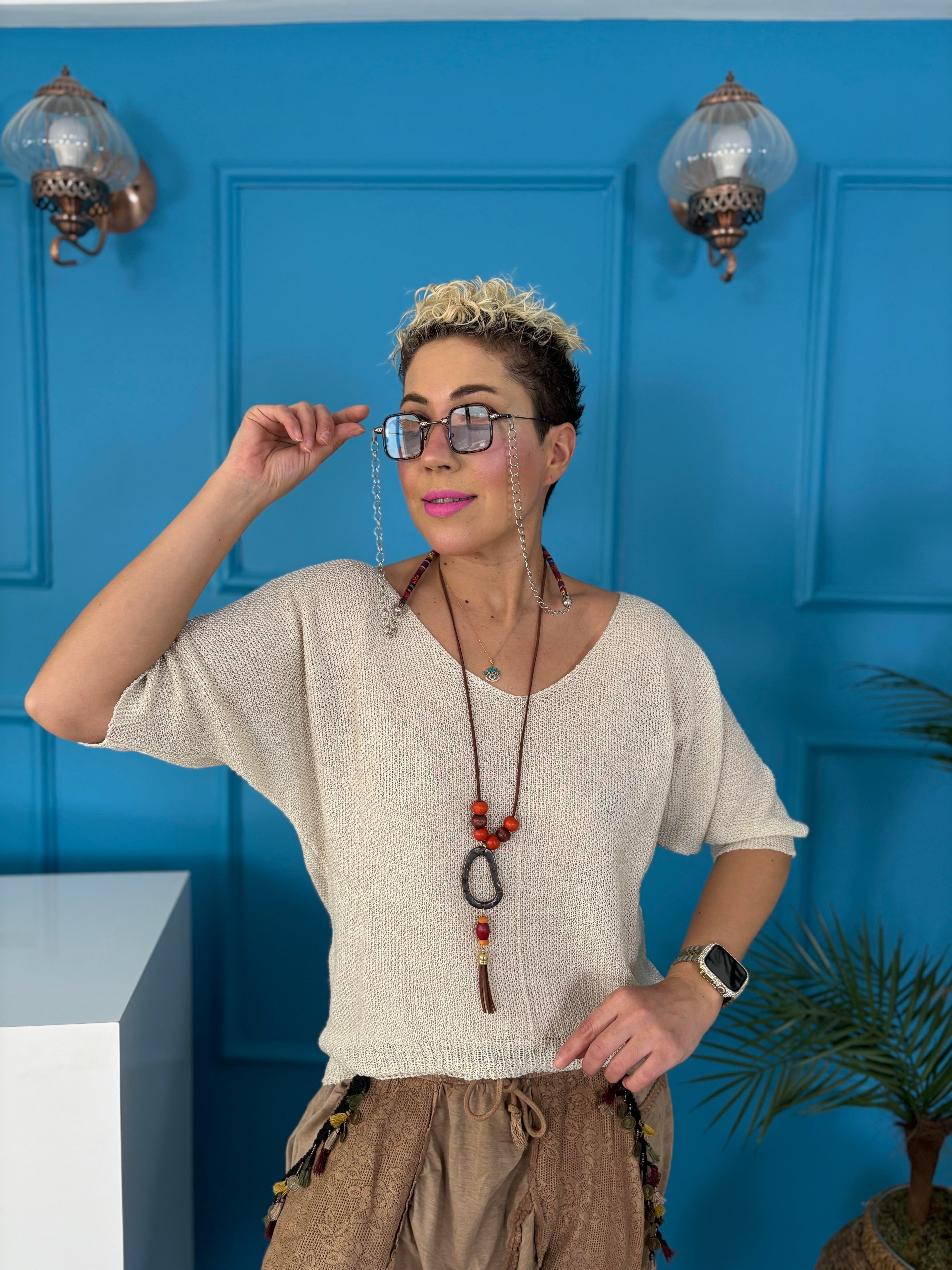 İtalyan Kolyeli Merserize Krem Bluz