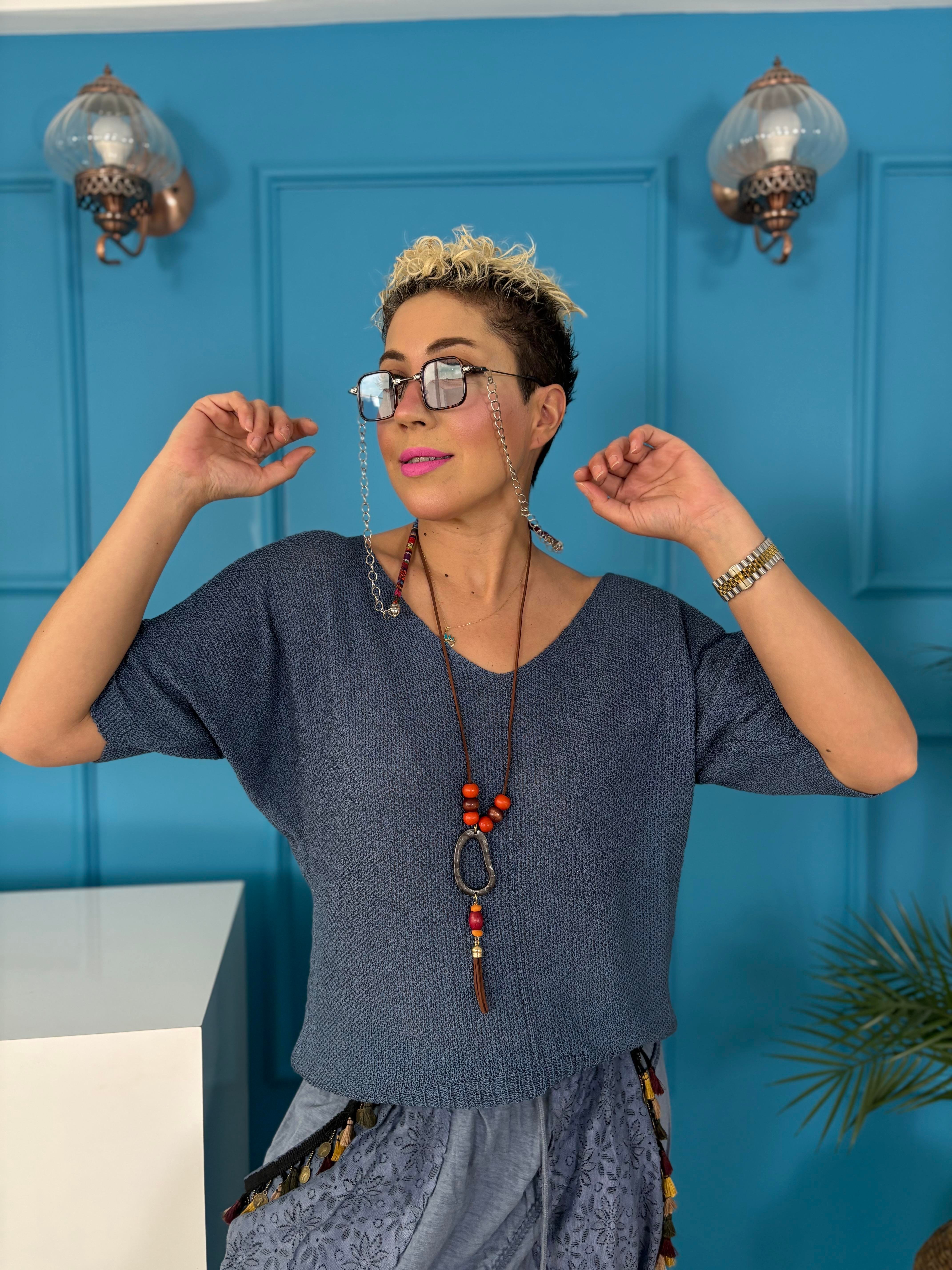 İtalyan Kolyeli Merserize Mavi Bluz