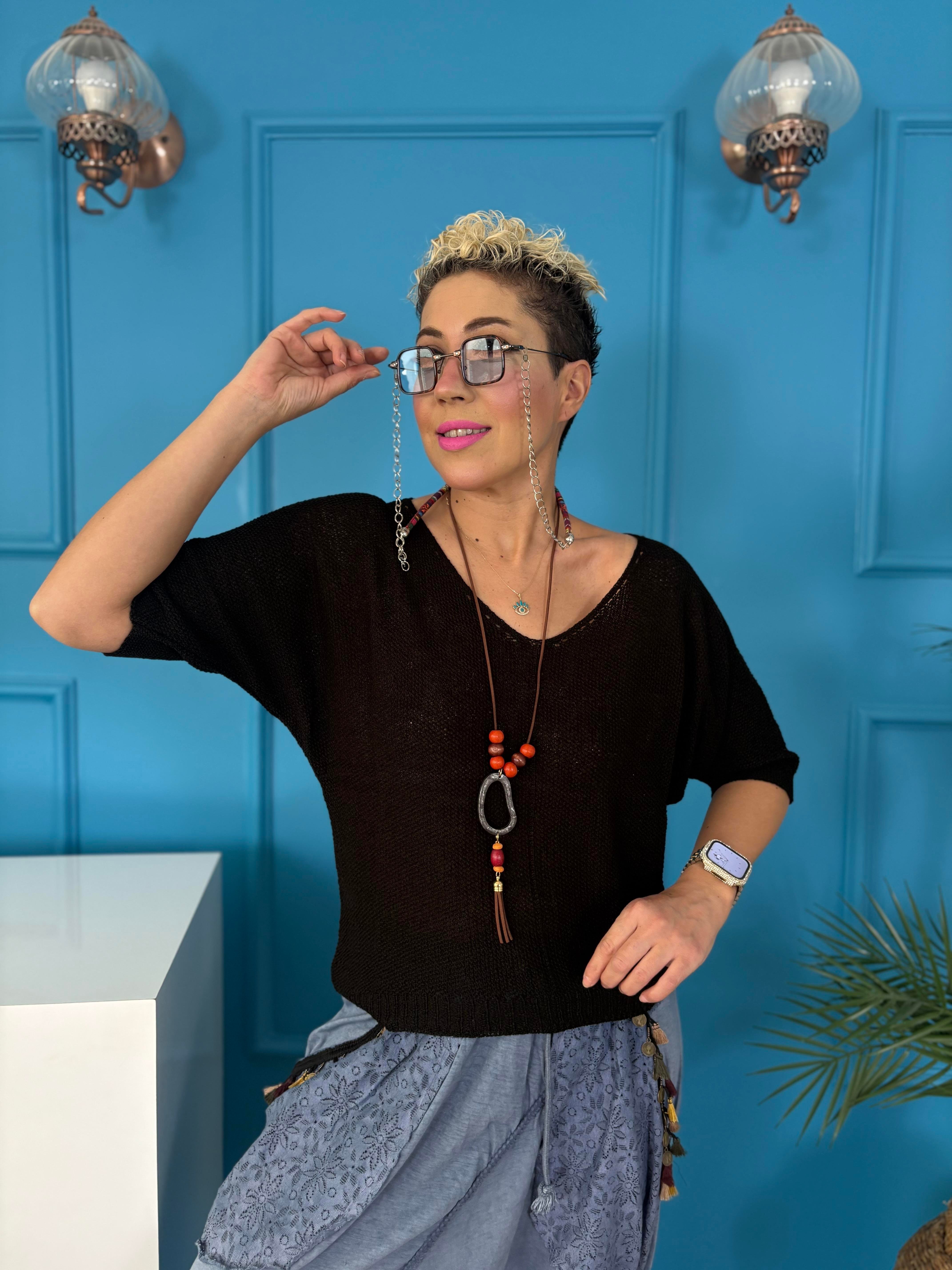 İtalyan Kolyeli Merserize Siyah Bluz