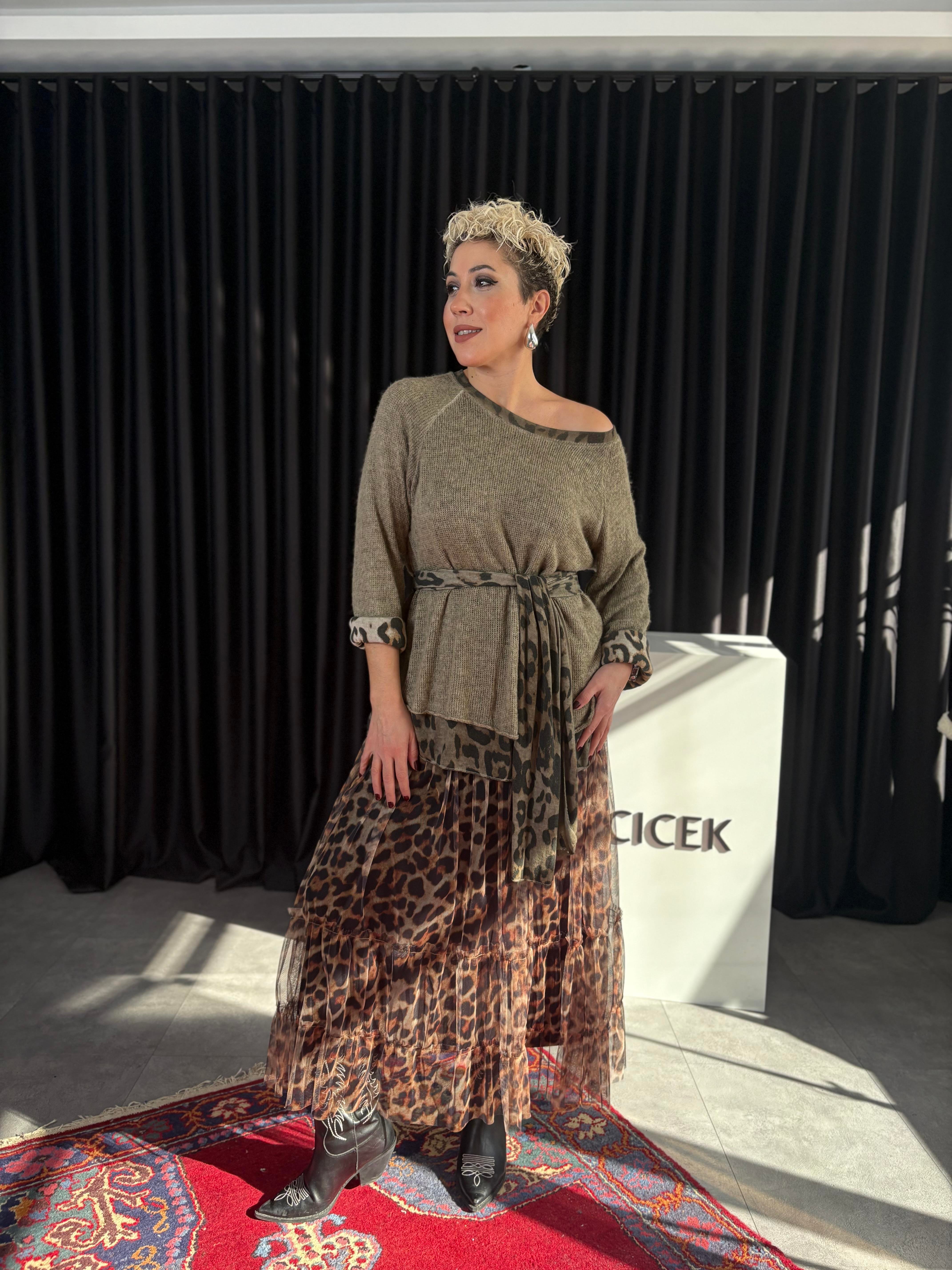 İtalyan Leopar Astarlı Şallı Vizon Yün Triko