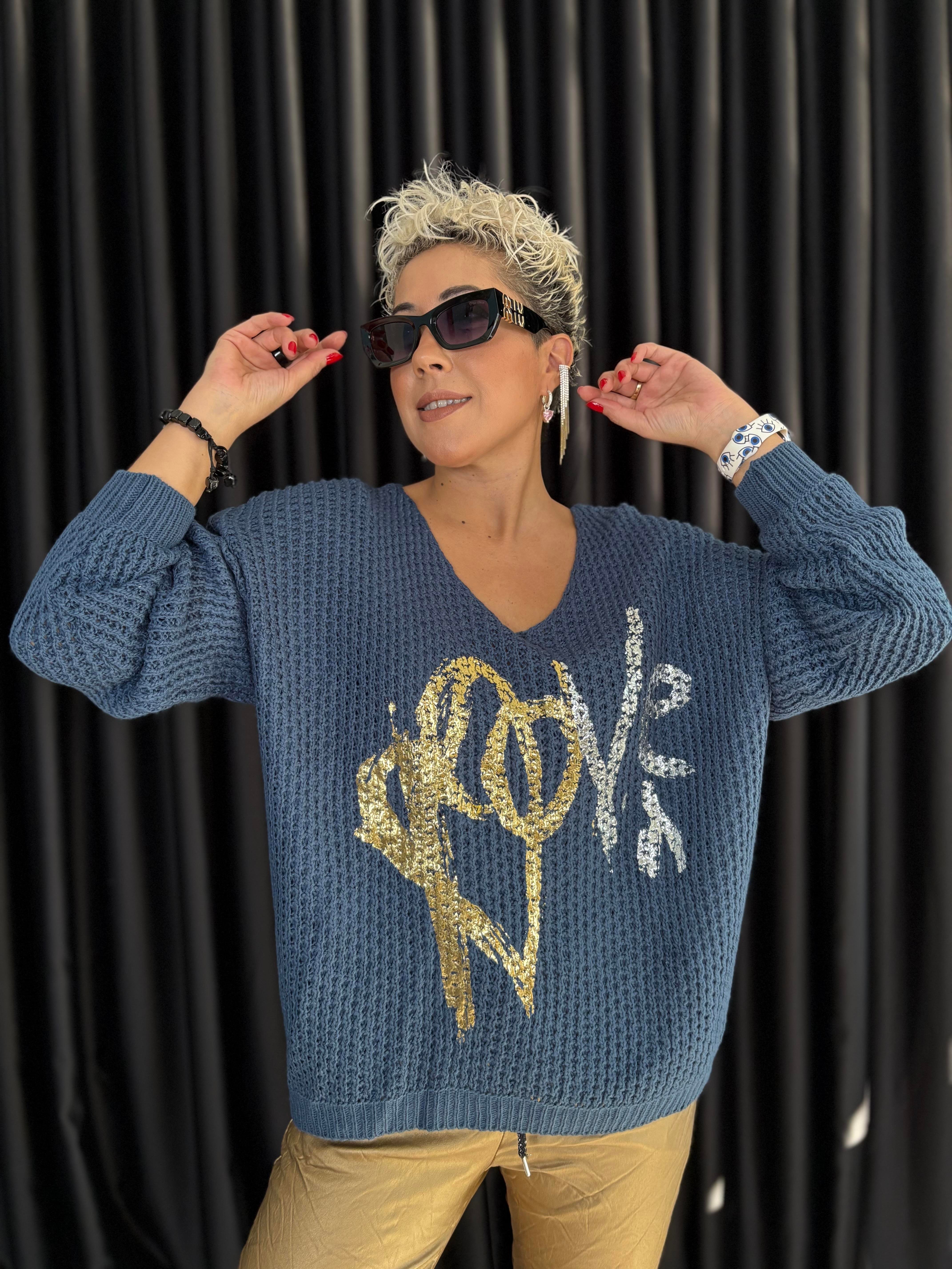 İtalyan Mavi Örme Varaklı Bluz