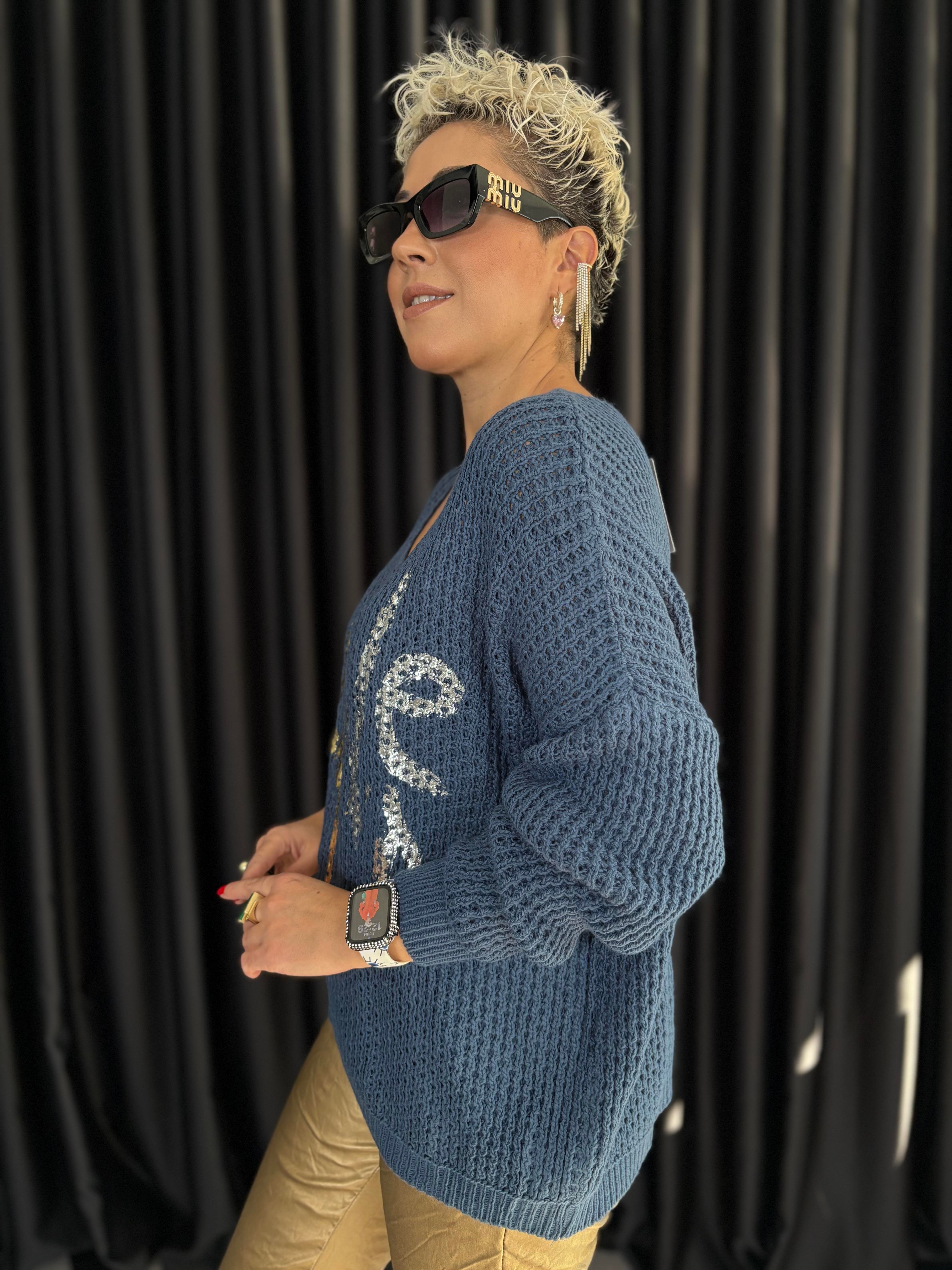 İtalyan Mavi Örme Varaklı Bluz