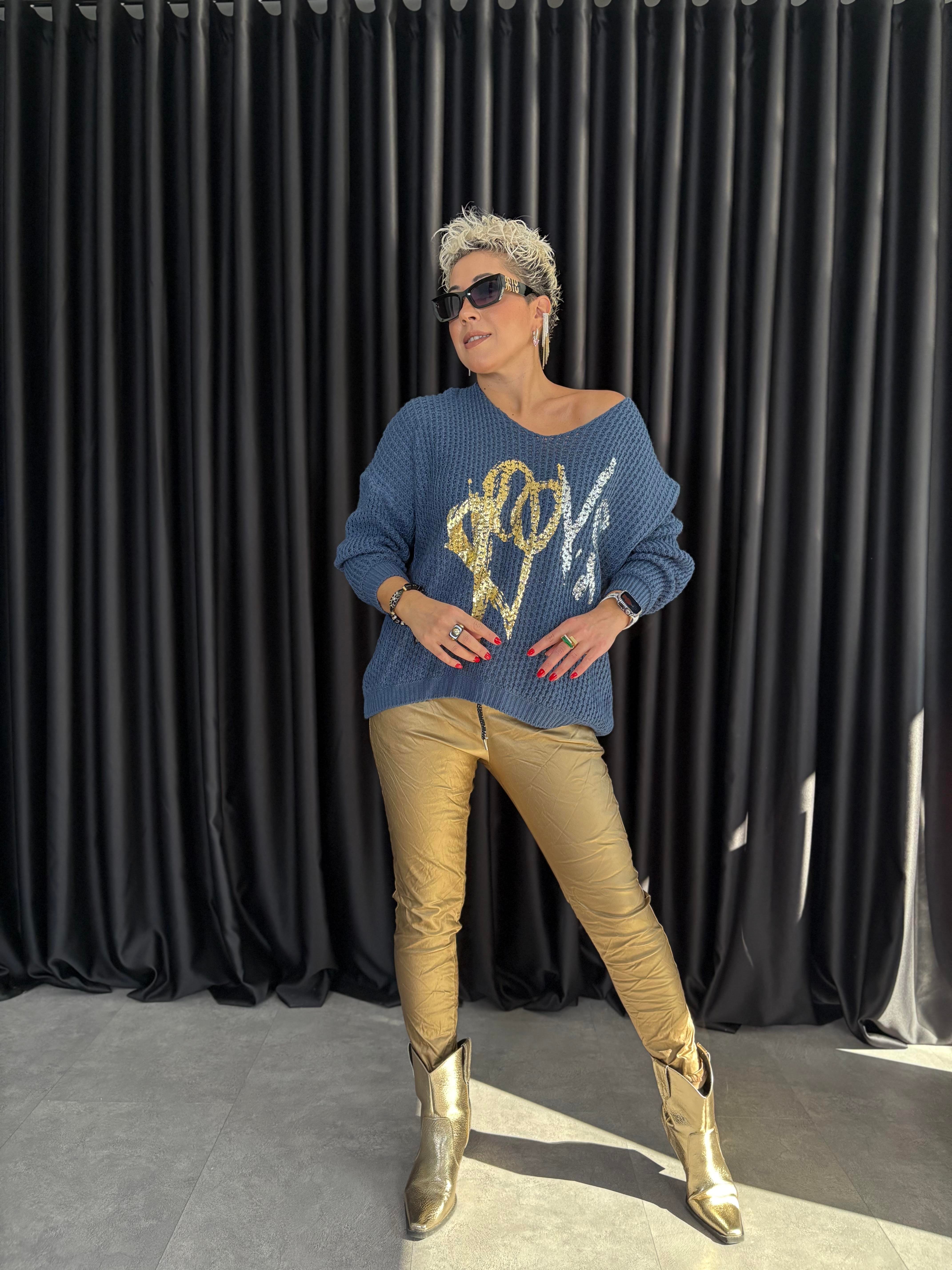 İtalyan Mavi Örme Varaklı Bluz