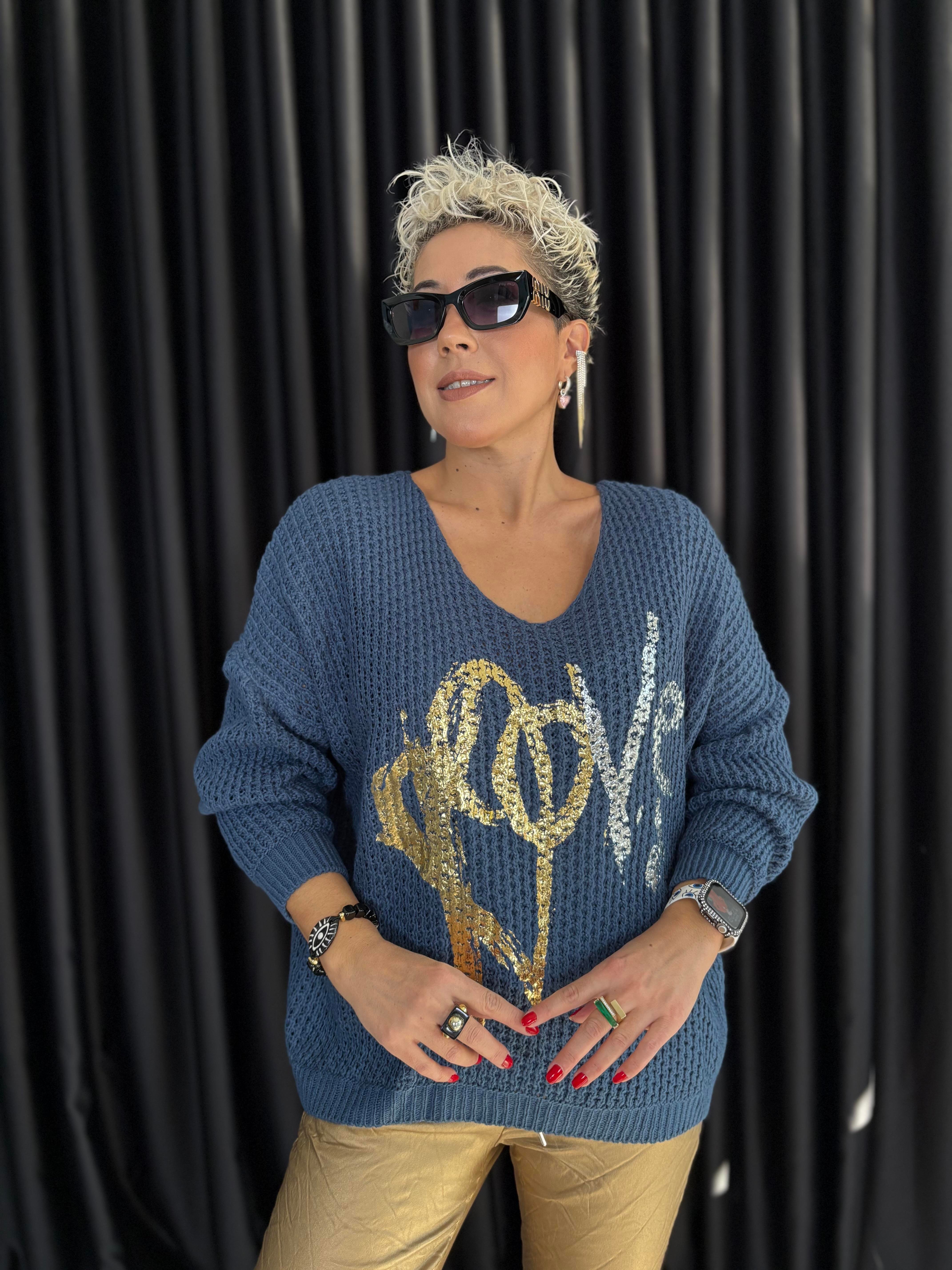 İtalyan Mavi Örme Varaklı Bluz