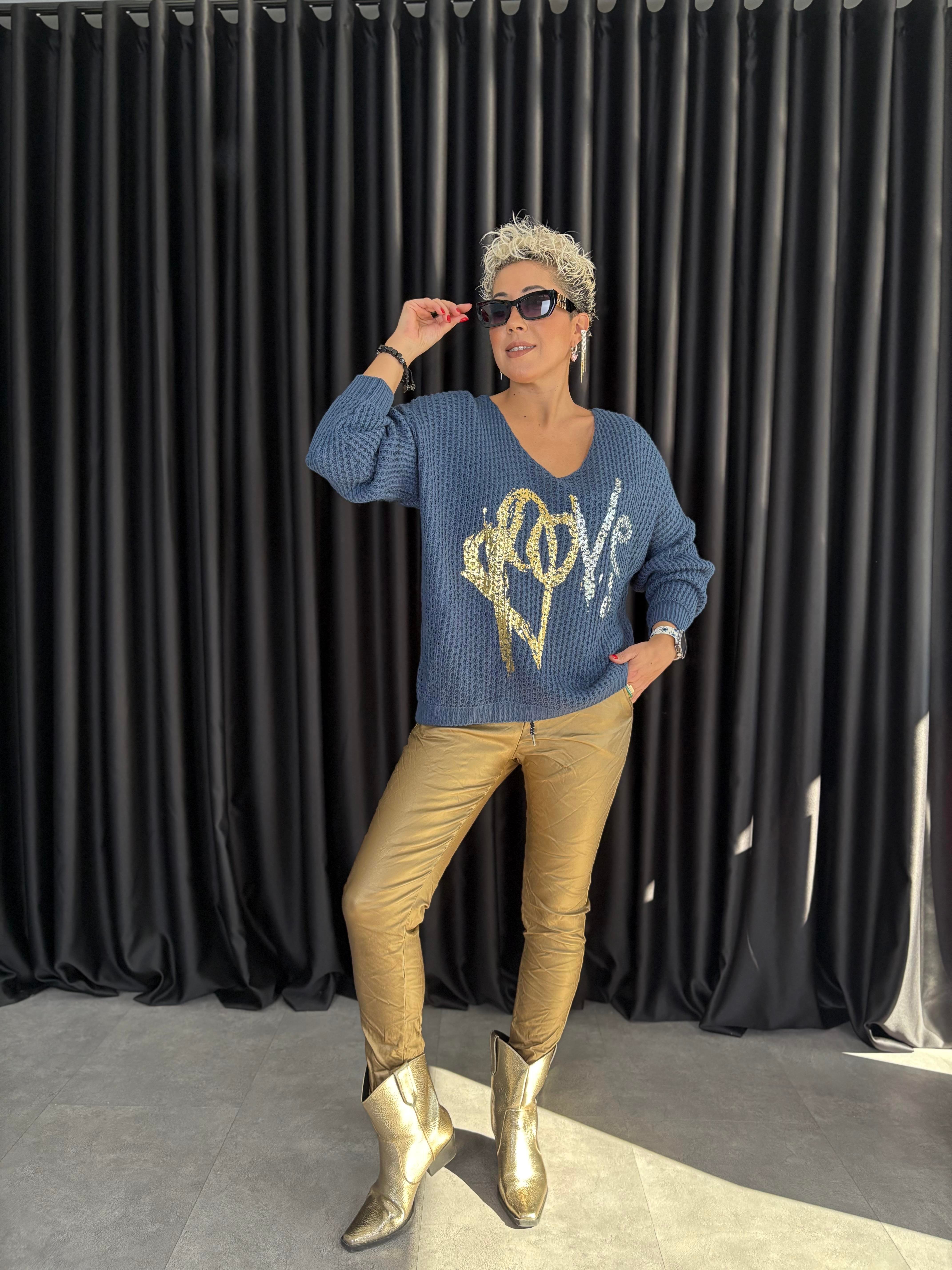 İtalyan Mavi Örme Varaklı Bluz