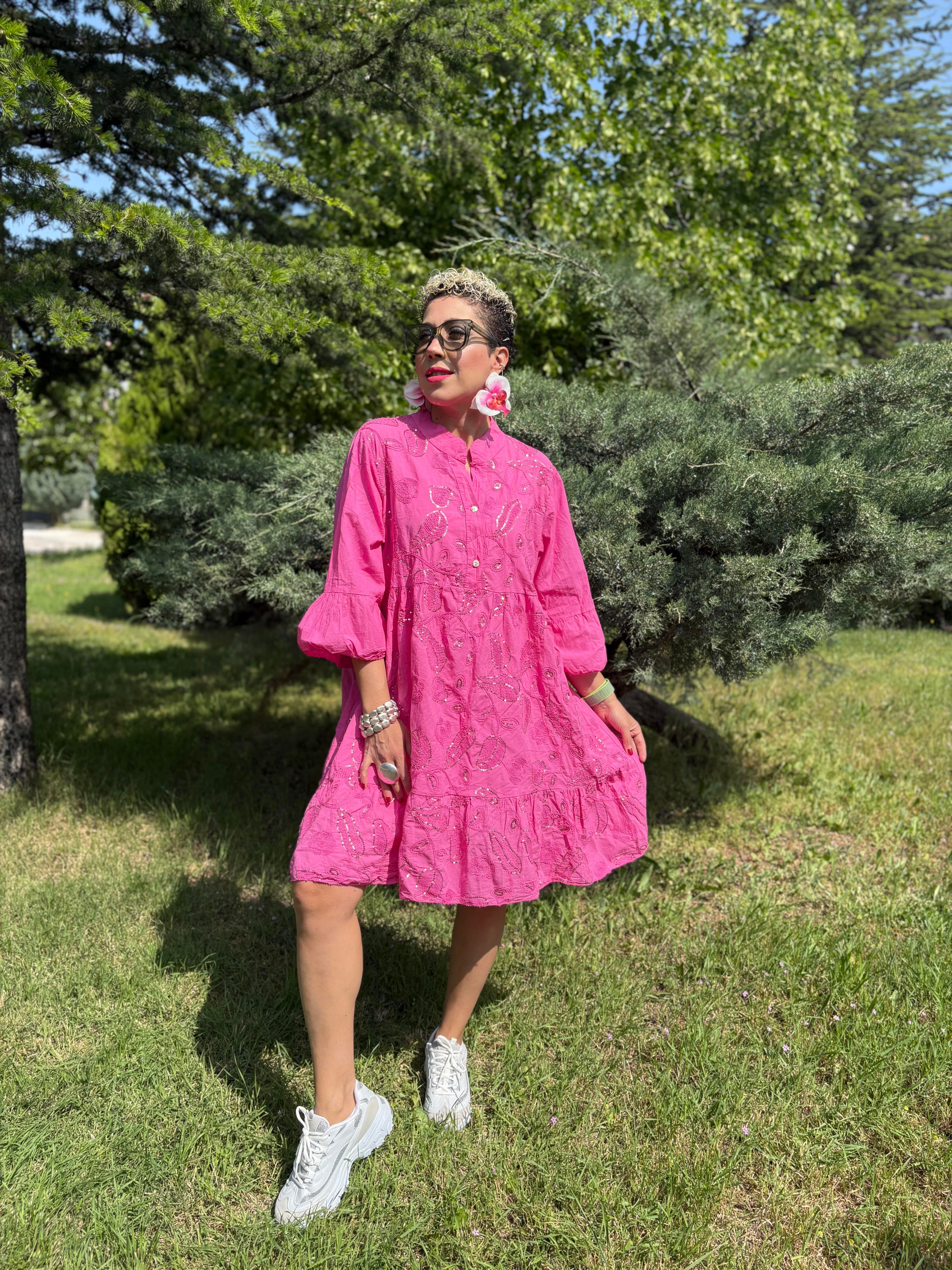 İtalyan Payetli Pembe Pamuklu Elbise